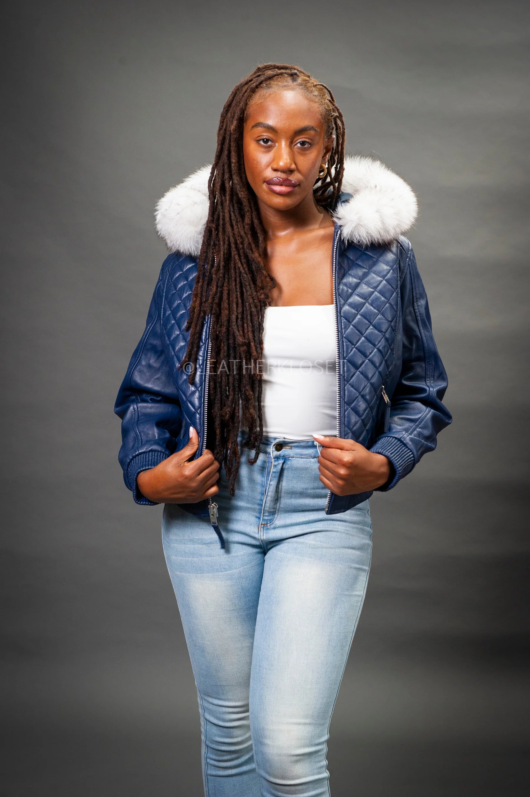 Women's Genuine Leather Fur Hood Lucas Jacket [Navy]