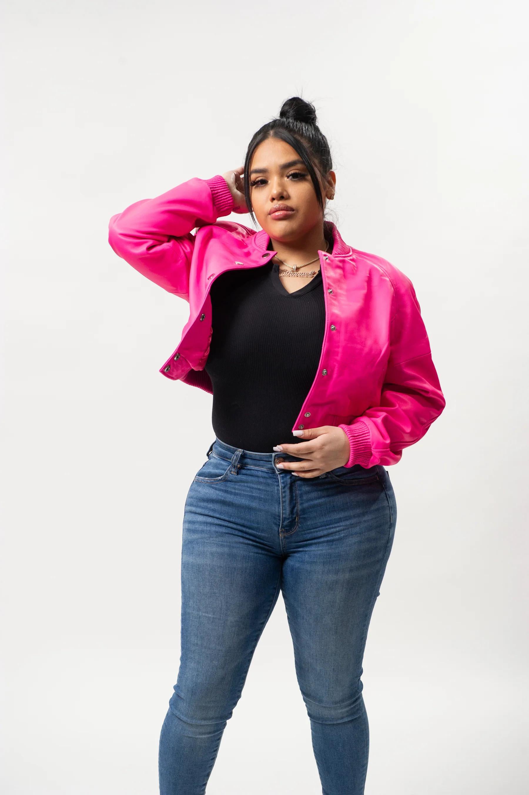 Women's Crop Leather Varsity Jacket [Pink]