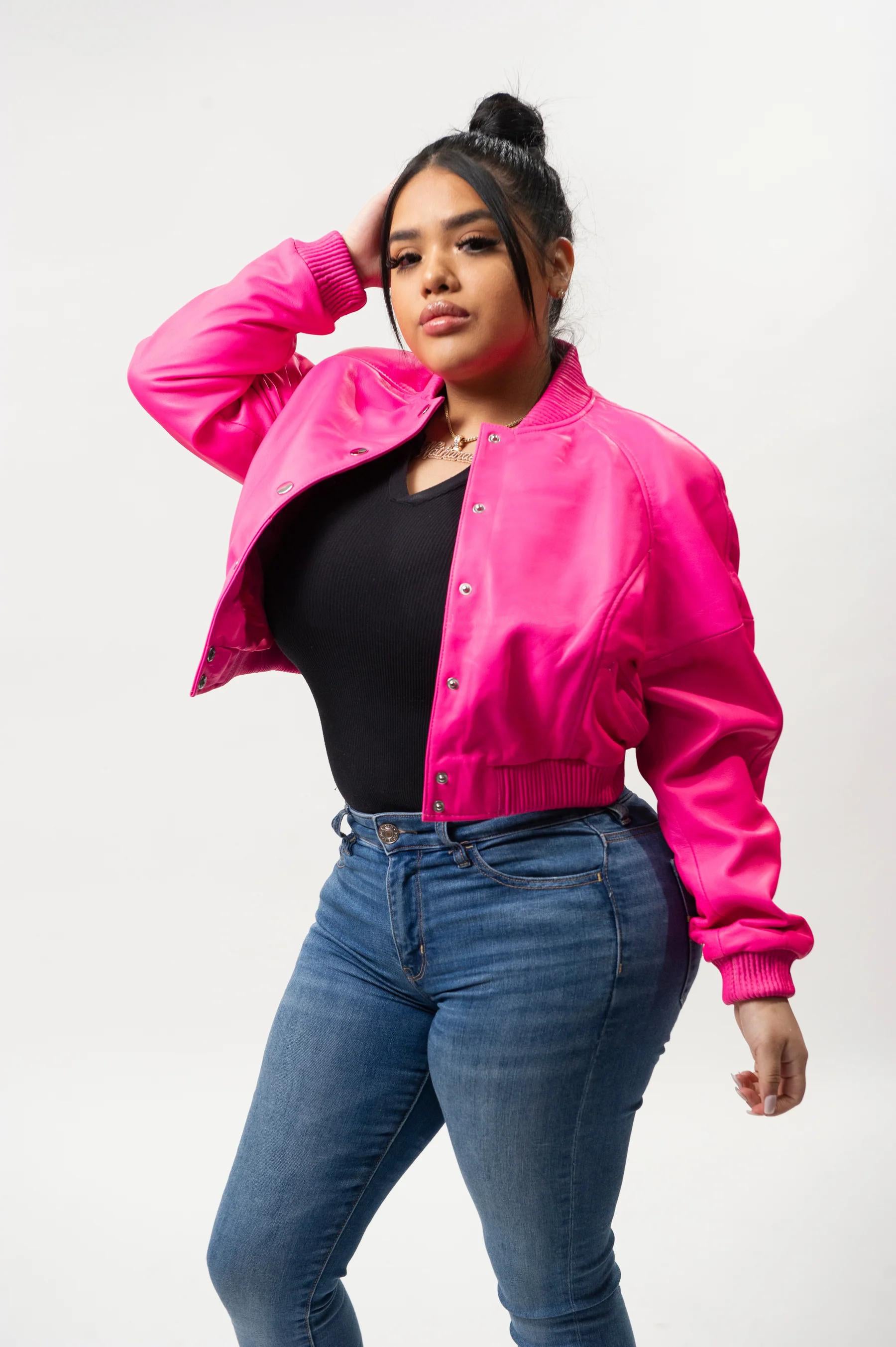 Women's Crop Leather Varsity Jacket [Pink]