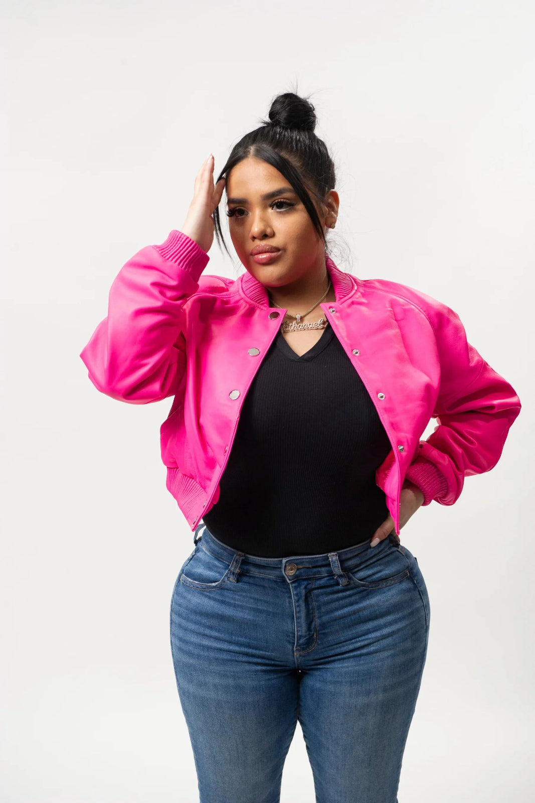 Women's Crop Leather Varsity Jacket [Pink]