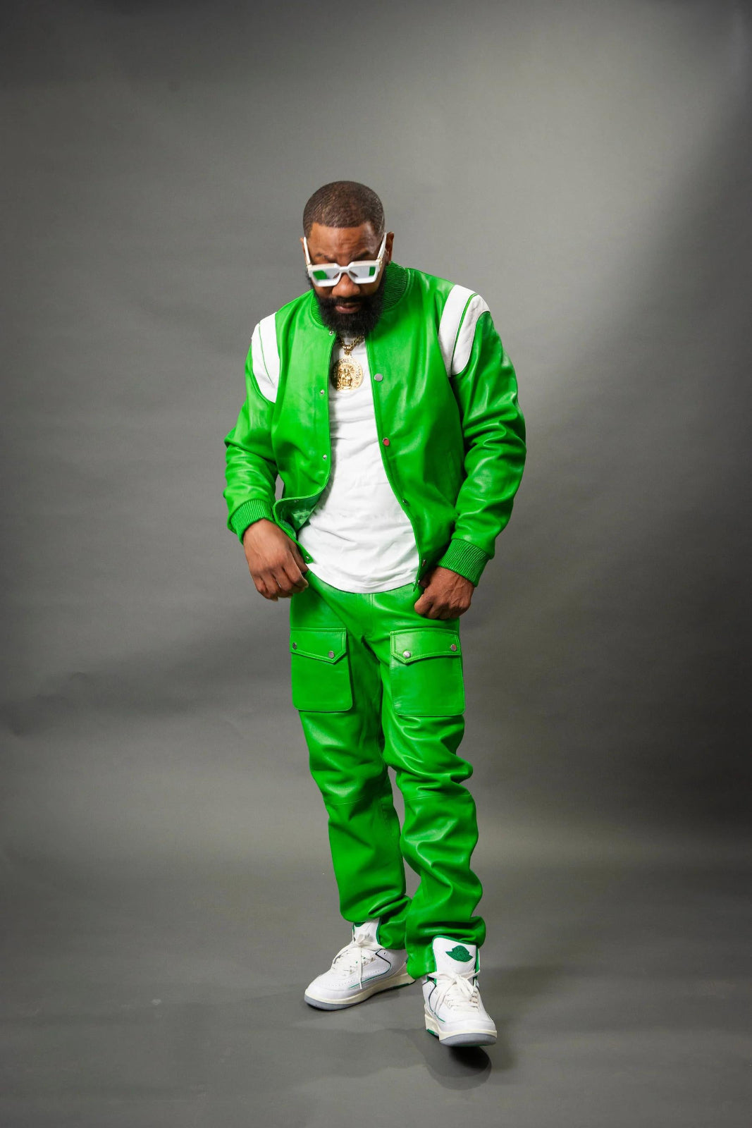 Men's Genuine Leather Track Suit And Cargo Pants [Green/White]