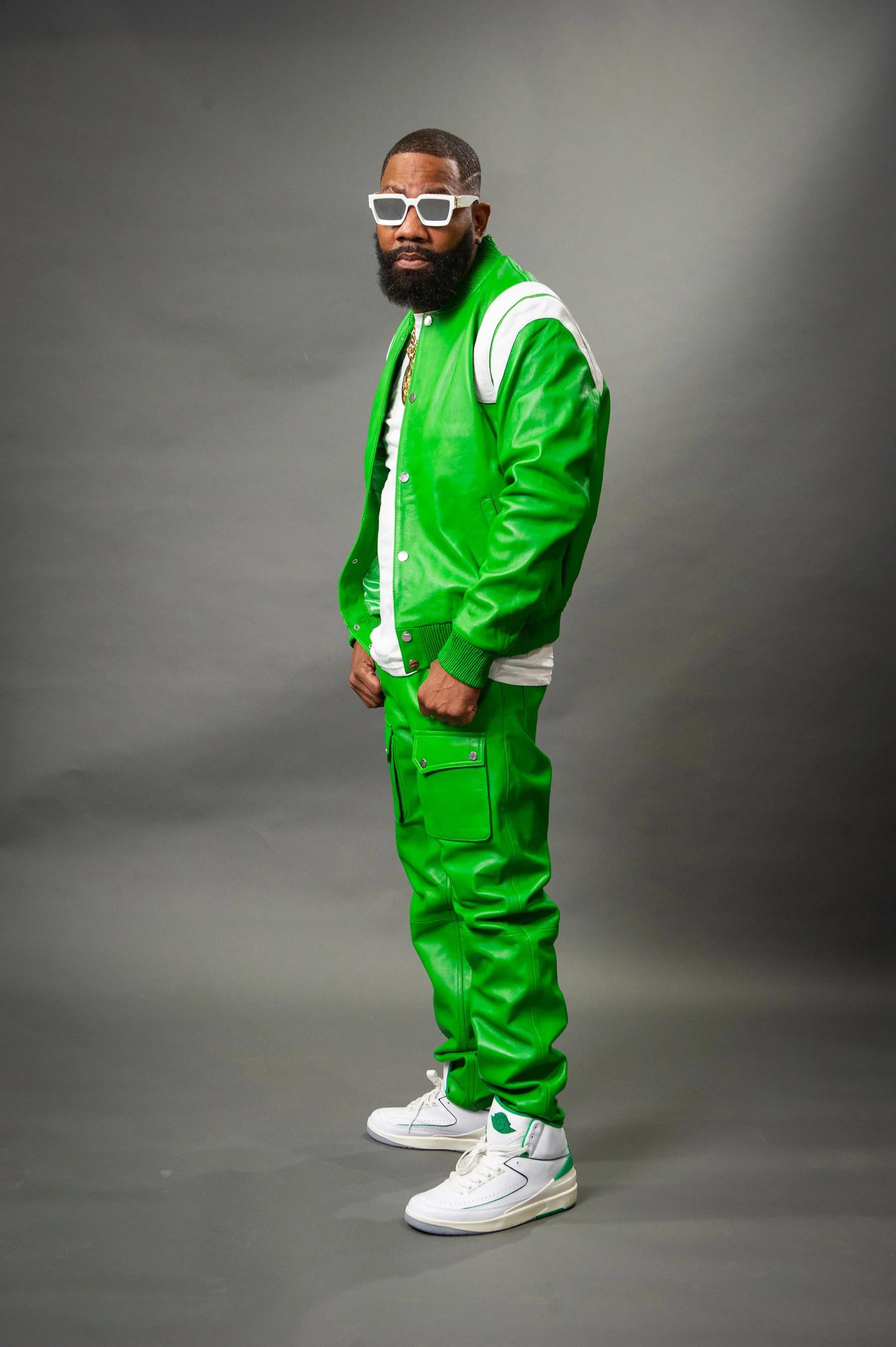 Men's Genuine Leather Track Suit And Cargo Pants [Green/White]