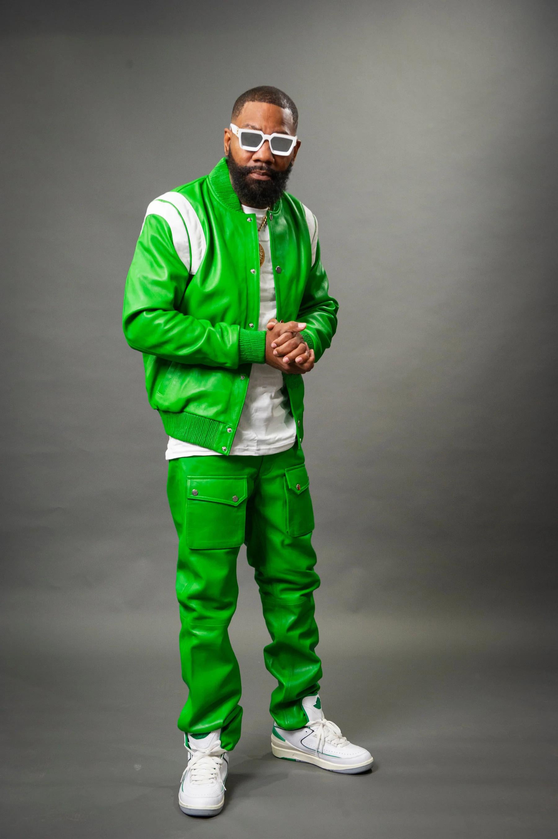 Men's Genuine Leather Track Suit And Cargo Pants [Green/White]
