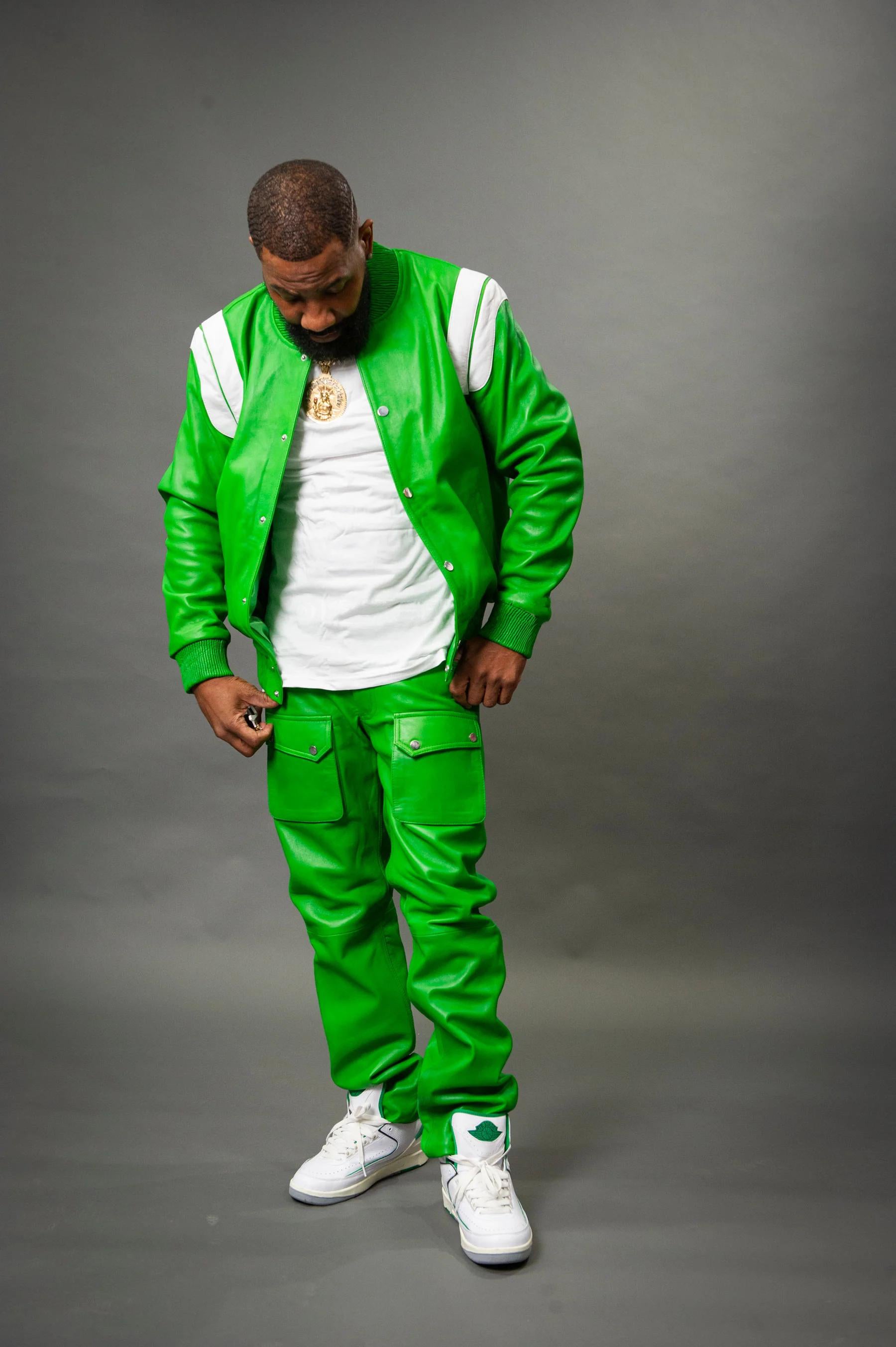 Men's Genuine Leather Track Suit And Cargo Pants [Green/White]