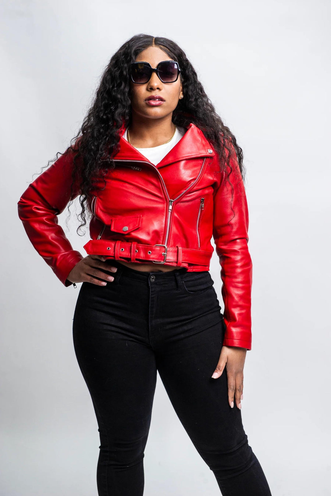 Women's Classic Biker Leather Jacket [Red]
