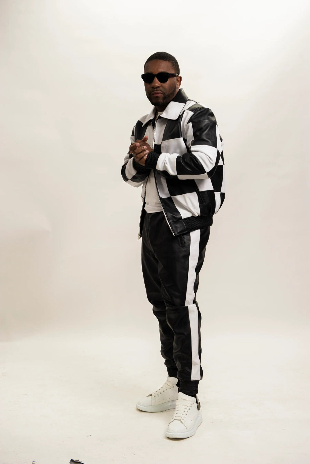 Men's Checkmate Jacket Elastic Cuffs And Belt Track Suit [Black/White]