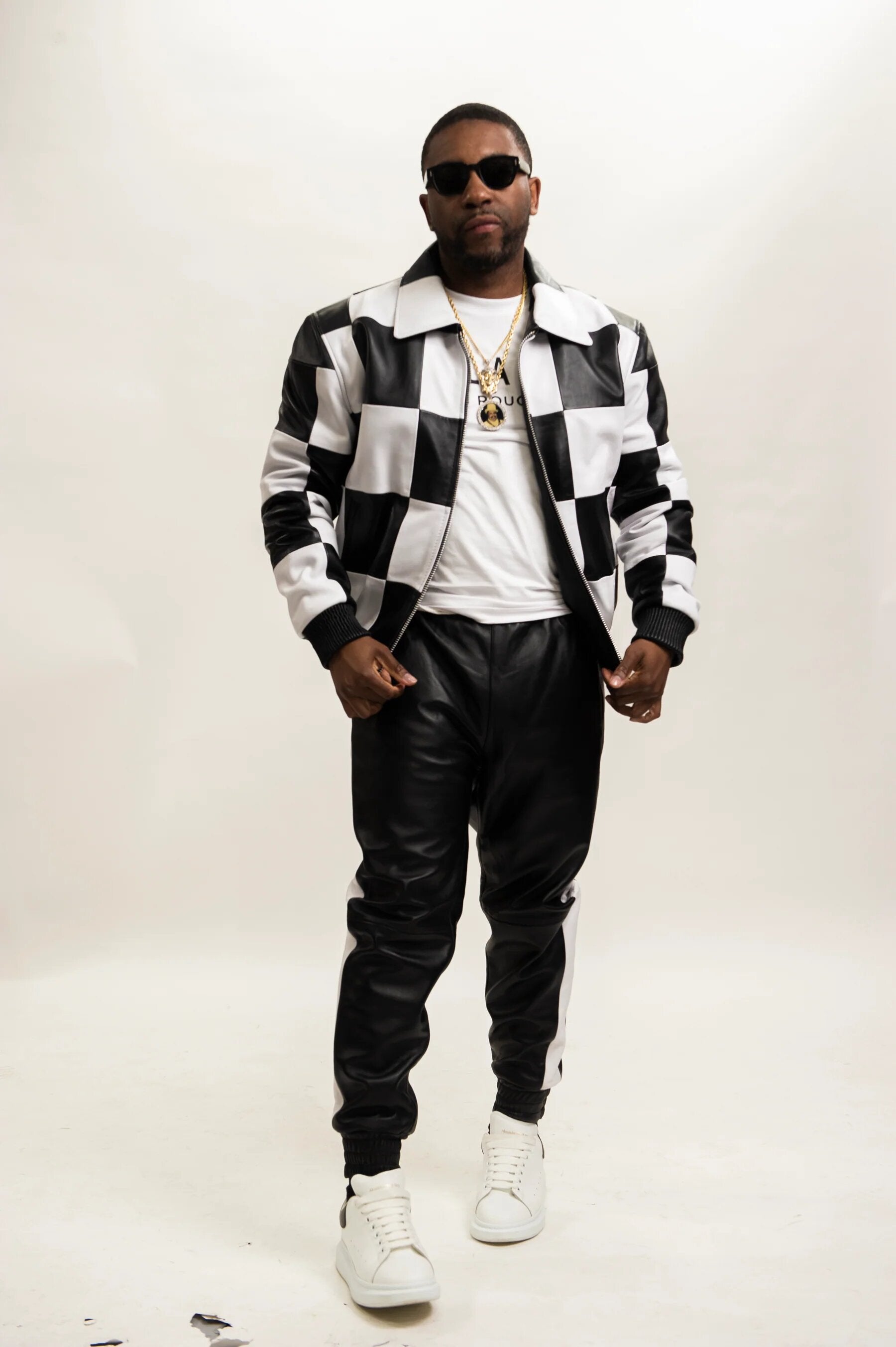 Men's Checkmate Jacket Elastic Cuffs And Belt Track Suit [Black/White]