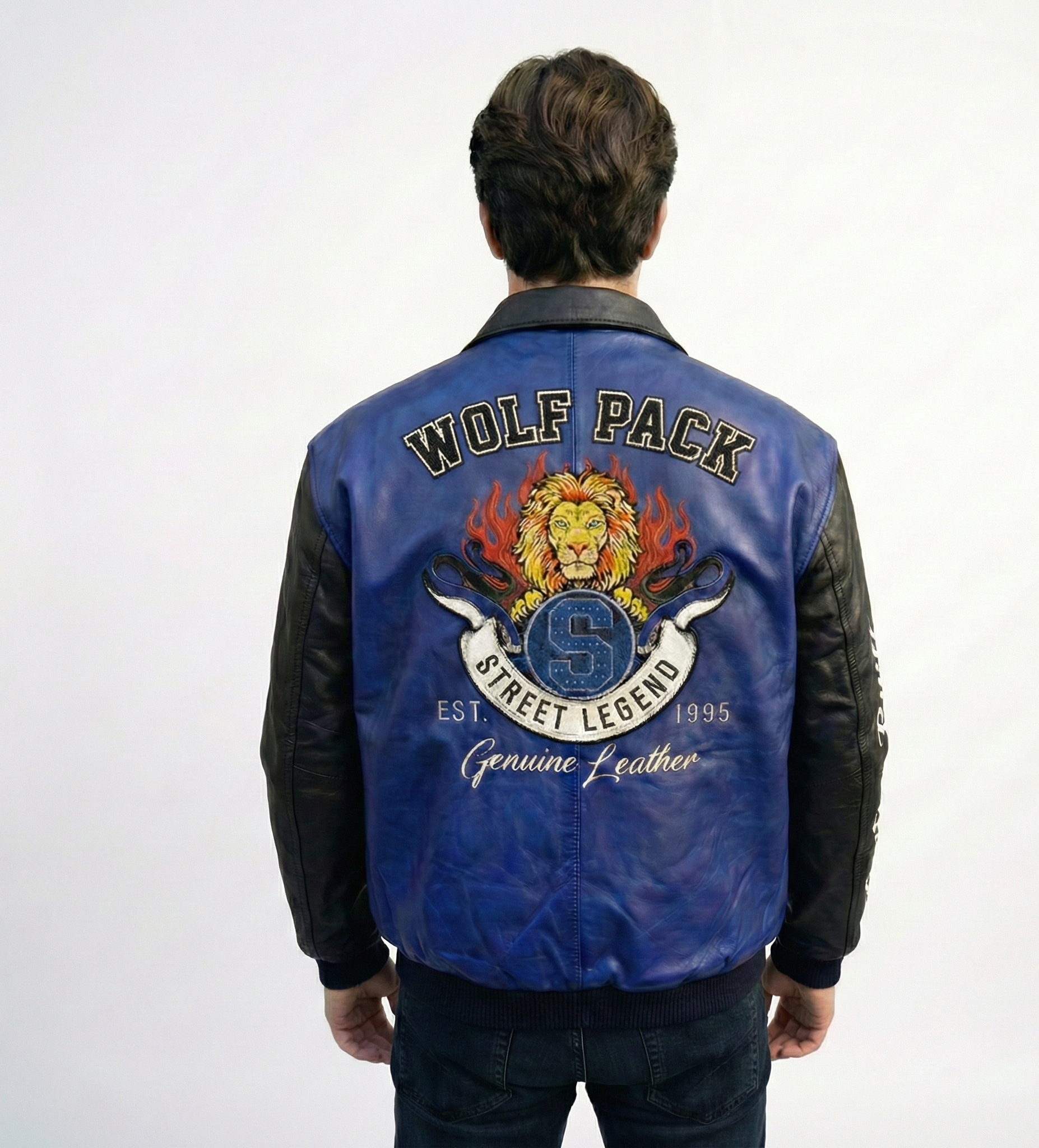 Men’s Blue & Black Varsity Leather Jacket – Wolf Pack Streetwear Style