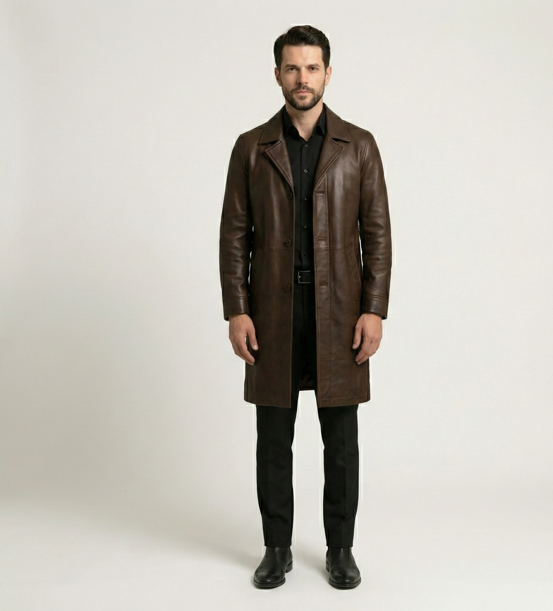 Men’s Brown Leather Trench Coat – Classic Outerwear