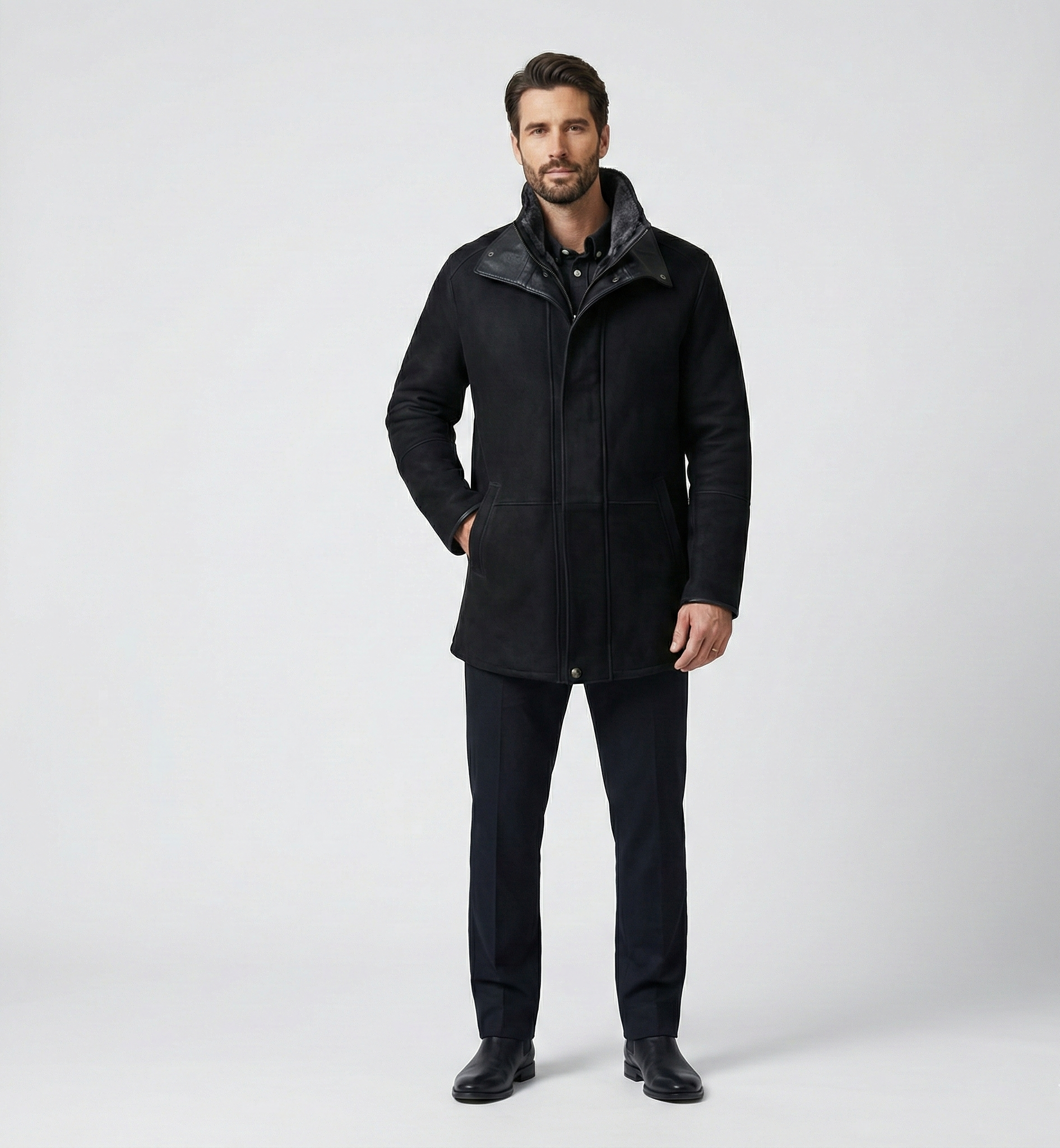 Men’s Modern Winter Coat – Black Mid-Length Zip & Button Jacket