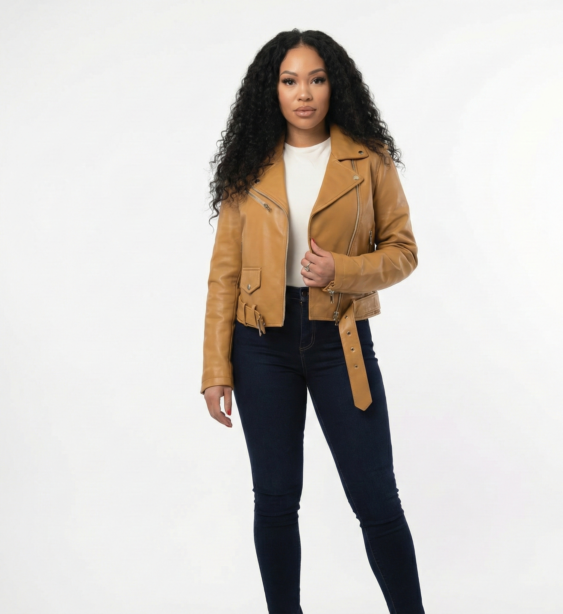 Women’s Tan Leather Moto Jacket – Classic Biker Style with Belt