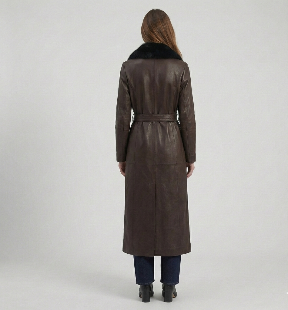 Women’s Brown Leather Trench Coat with Fur Collar – Belted Winter Coat