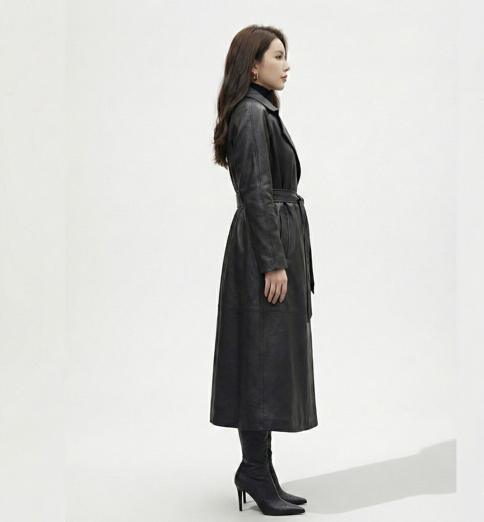 Women’s Black Leather Trench Coat – Belted Longline Fit