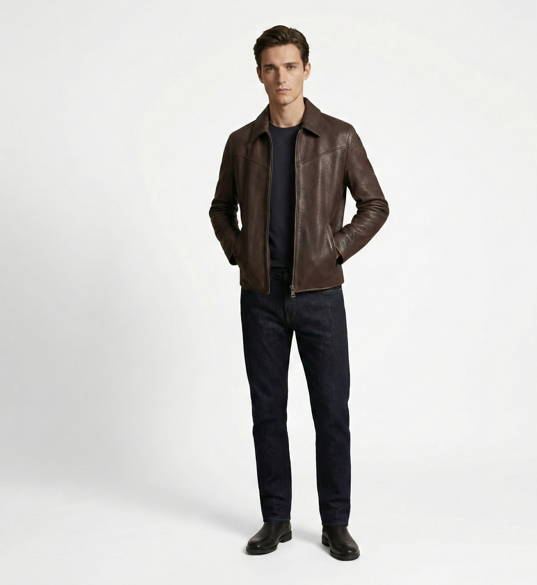 Men’s Brown Leather Jacket with Zip Closure – Modern Classic Style