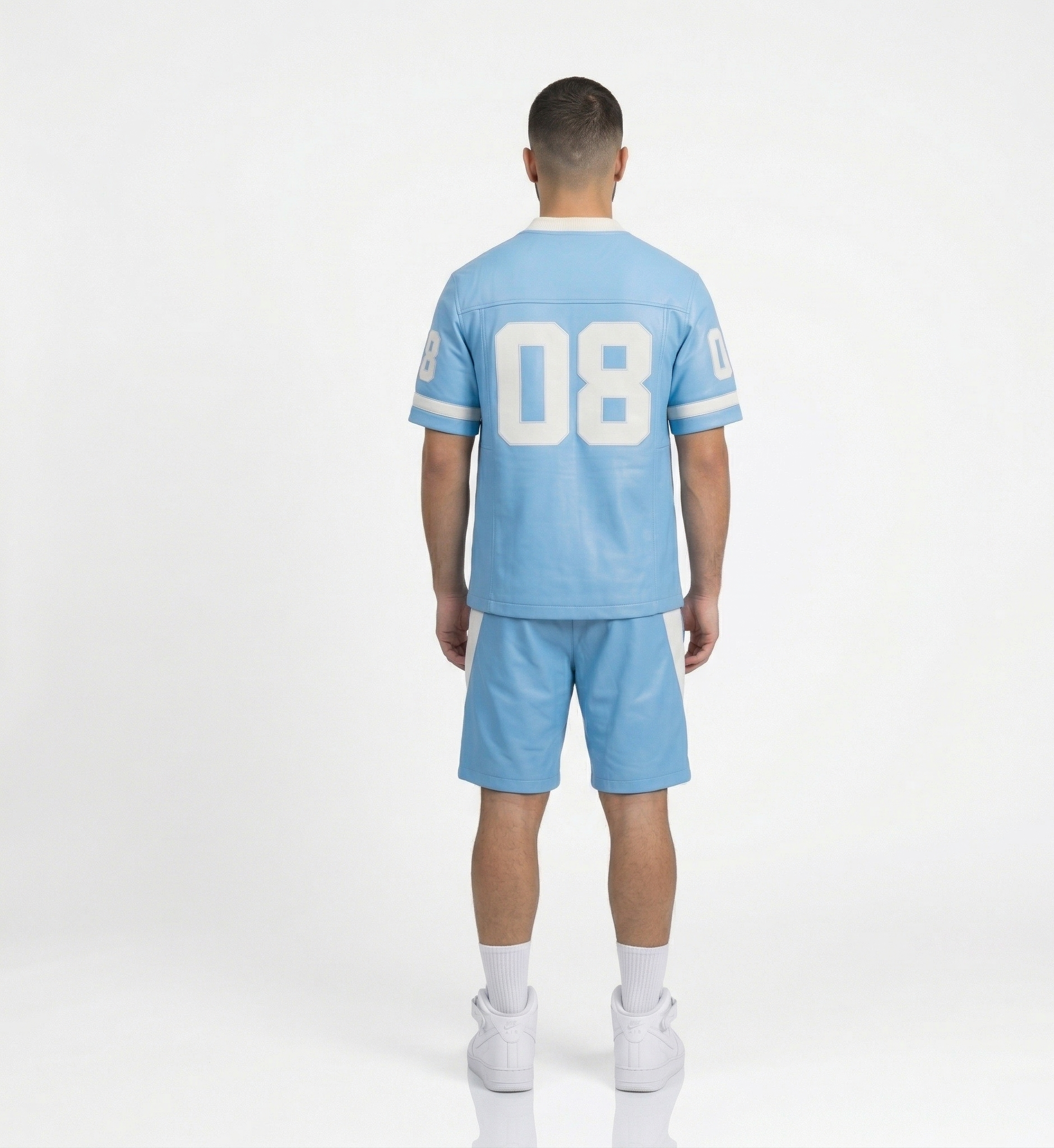 Men’s Urban Leather Jersey Outfit – Blue Sportswear Two-Piece Set