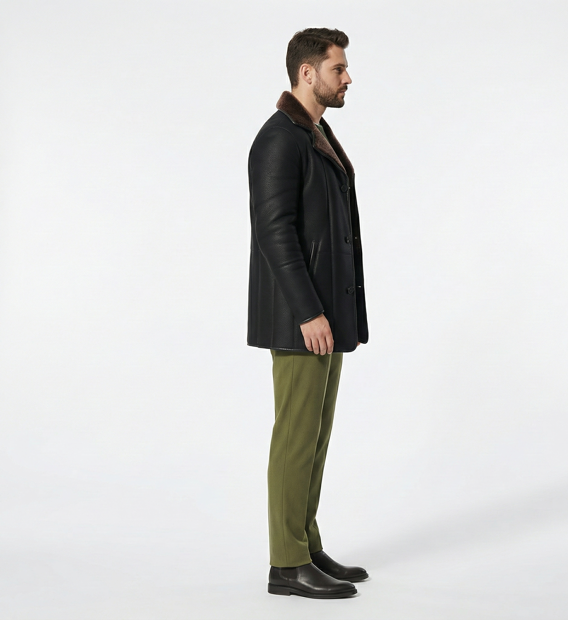 Men’s Leather Shearling Coat – Classic Button Front Winter Jacket