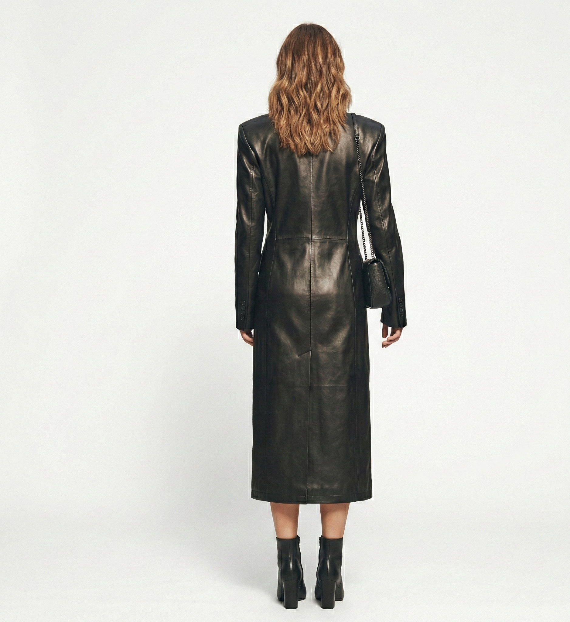 Women’s Classic Black Leather Trench Coat – Double-Breasted Midi Length