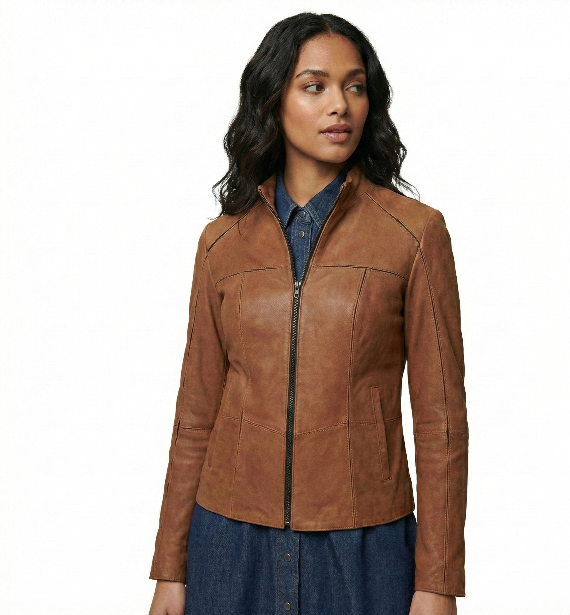 Women’s Brown Leather Jacket with Zip Closure
