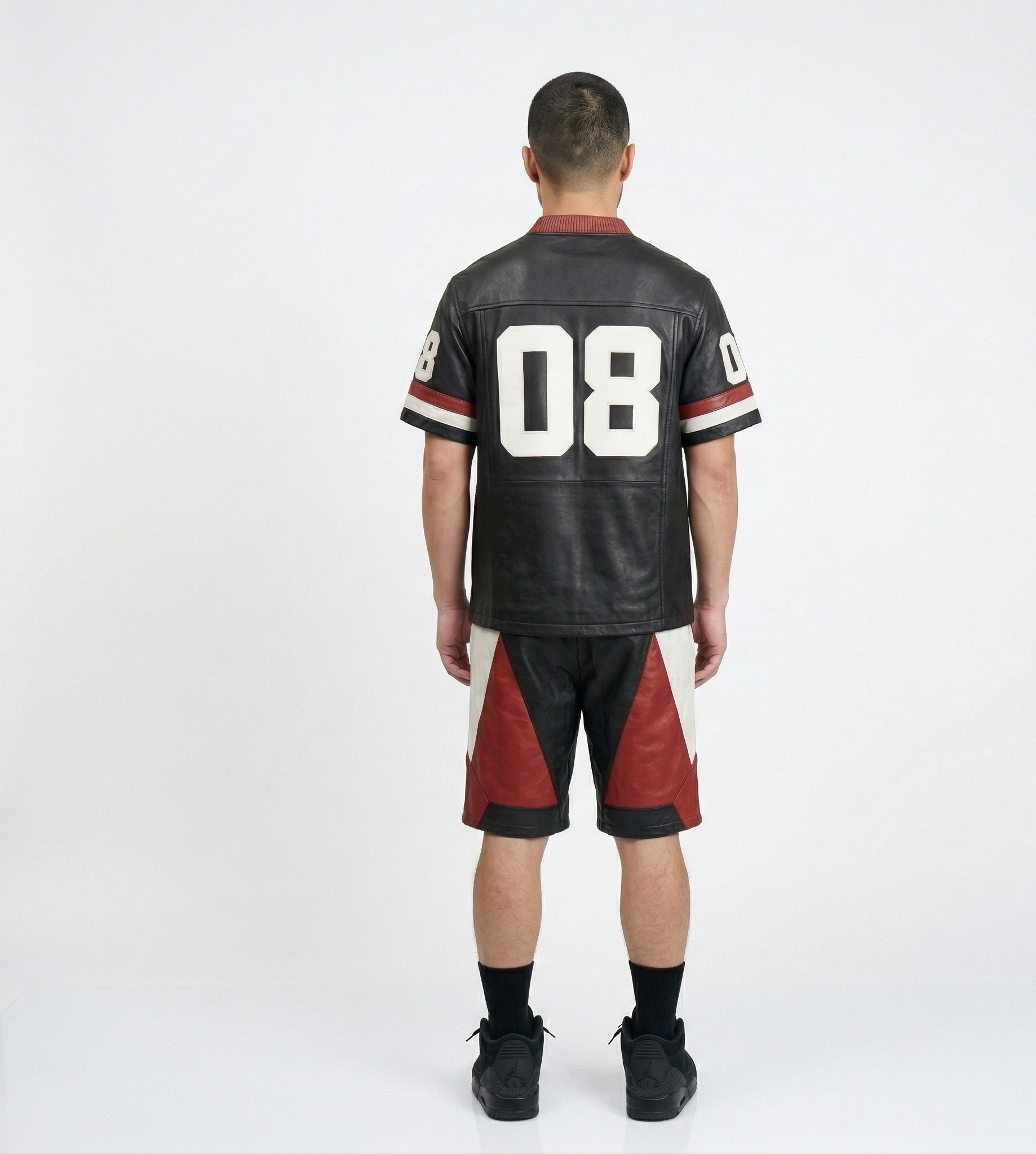 Men’s Urban Leather Jersey Outfit  – Black & Red Leather Sportswear Two-Piece Set