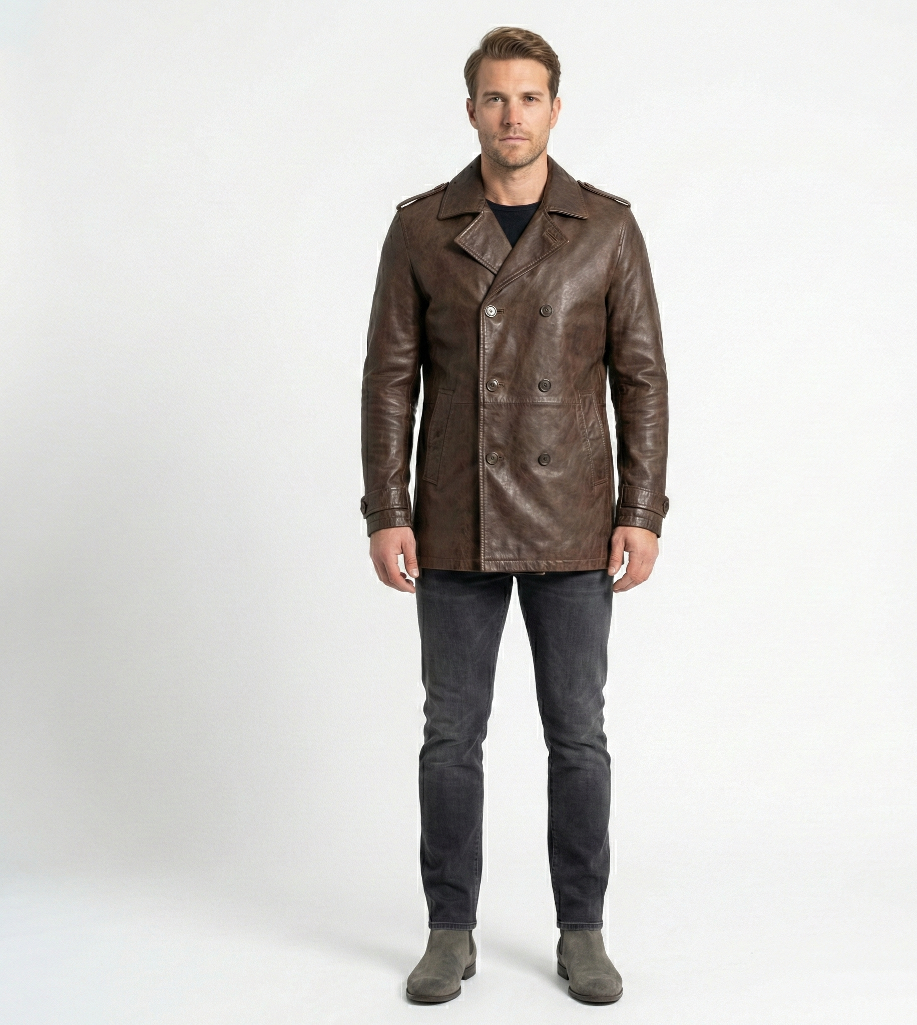 Men’s Brown Leather Double-Breasted Trench Coat