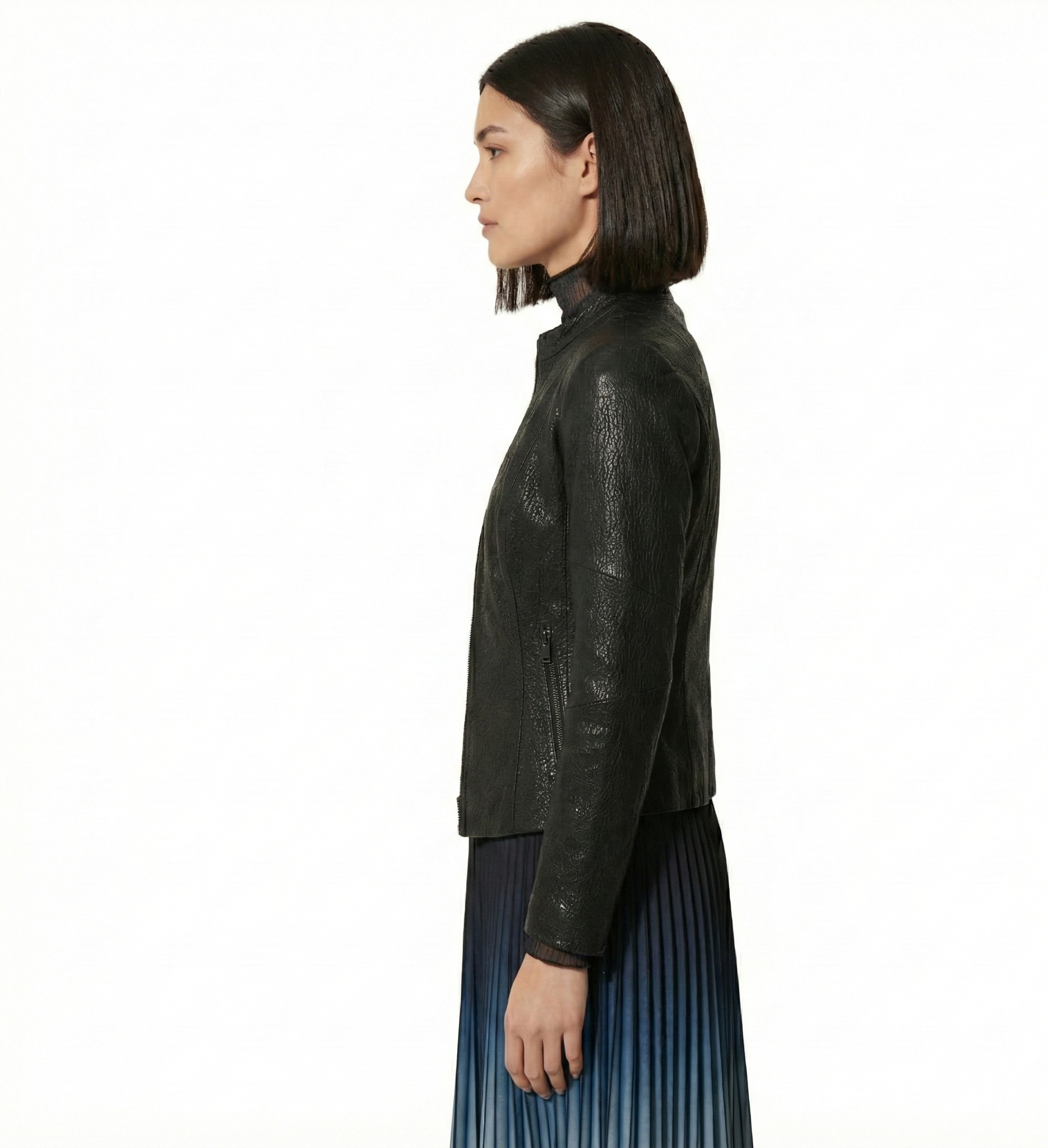 Women’s Black Leather Jacket with Stand Collar