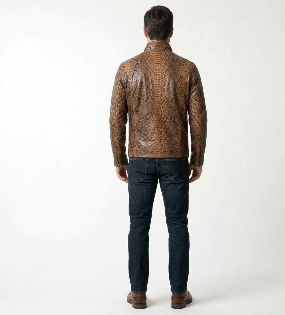 Men’s Brown Snakeskin Print Leather Jacket – Luxury Designer Zip-Up Biker Style