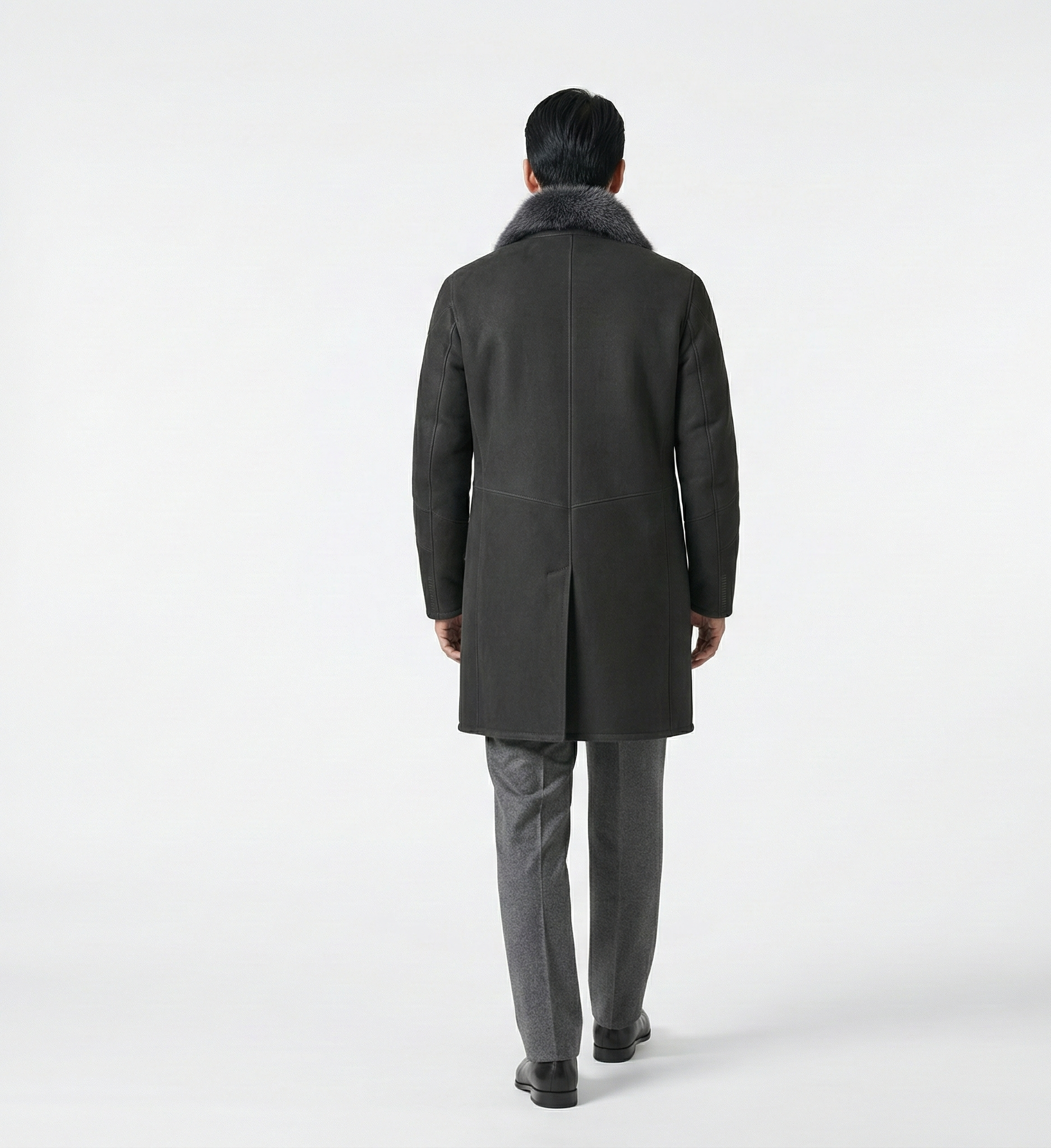 Men’s Shearling Collar Wool Coat – Black Mid-Length Winter Overcoat