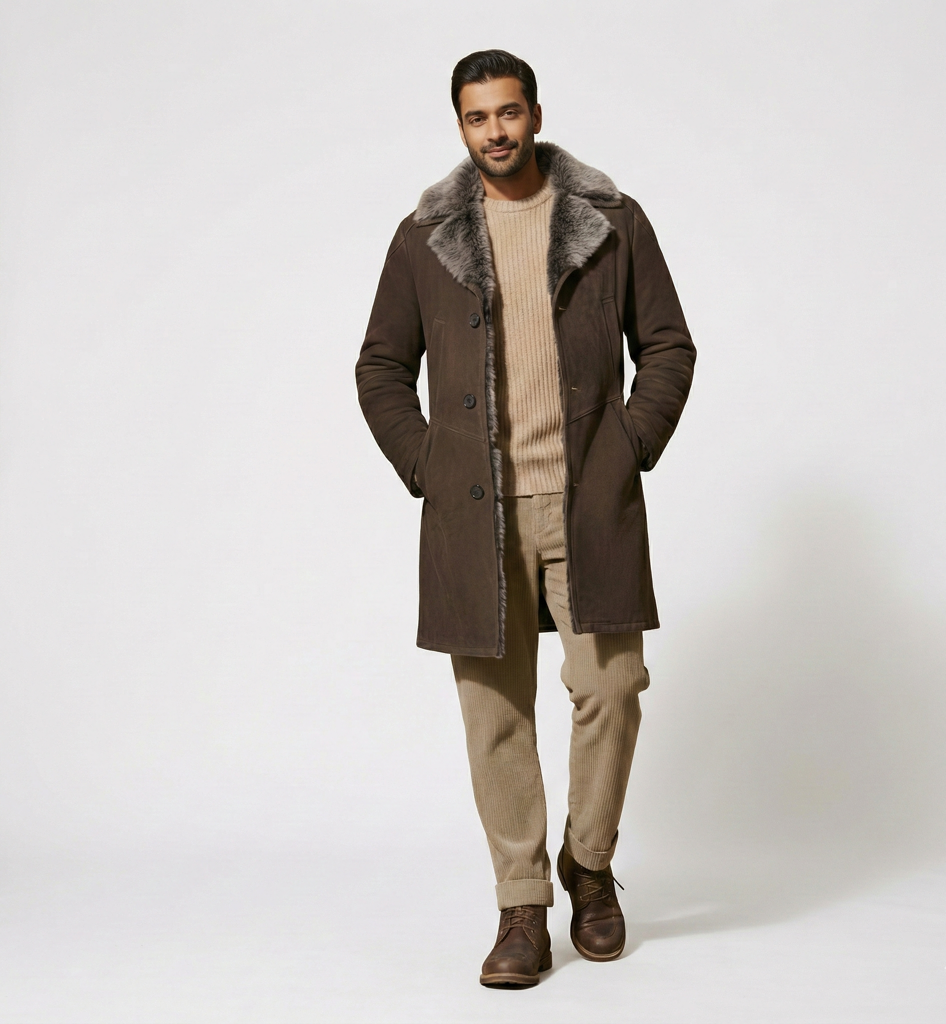 Men’s Shearling-Lined Overcoat – Brown Winter Wool-Blend Coat