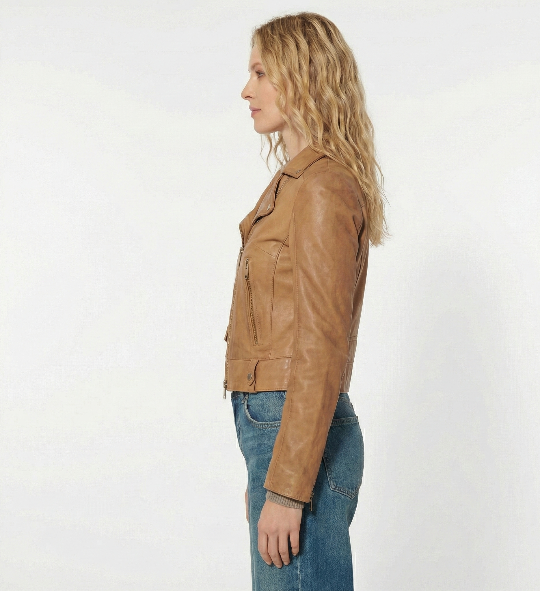 Women’s Tan Leather Biker Jacket with Zip Pockets