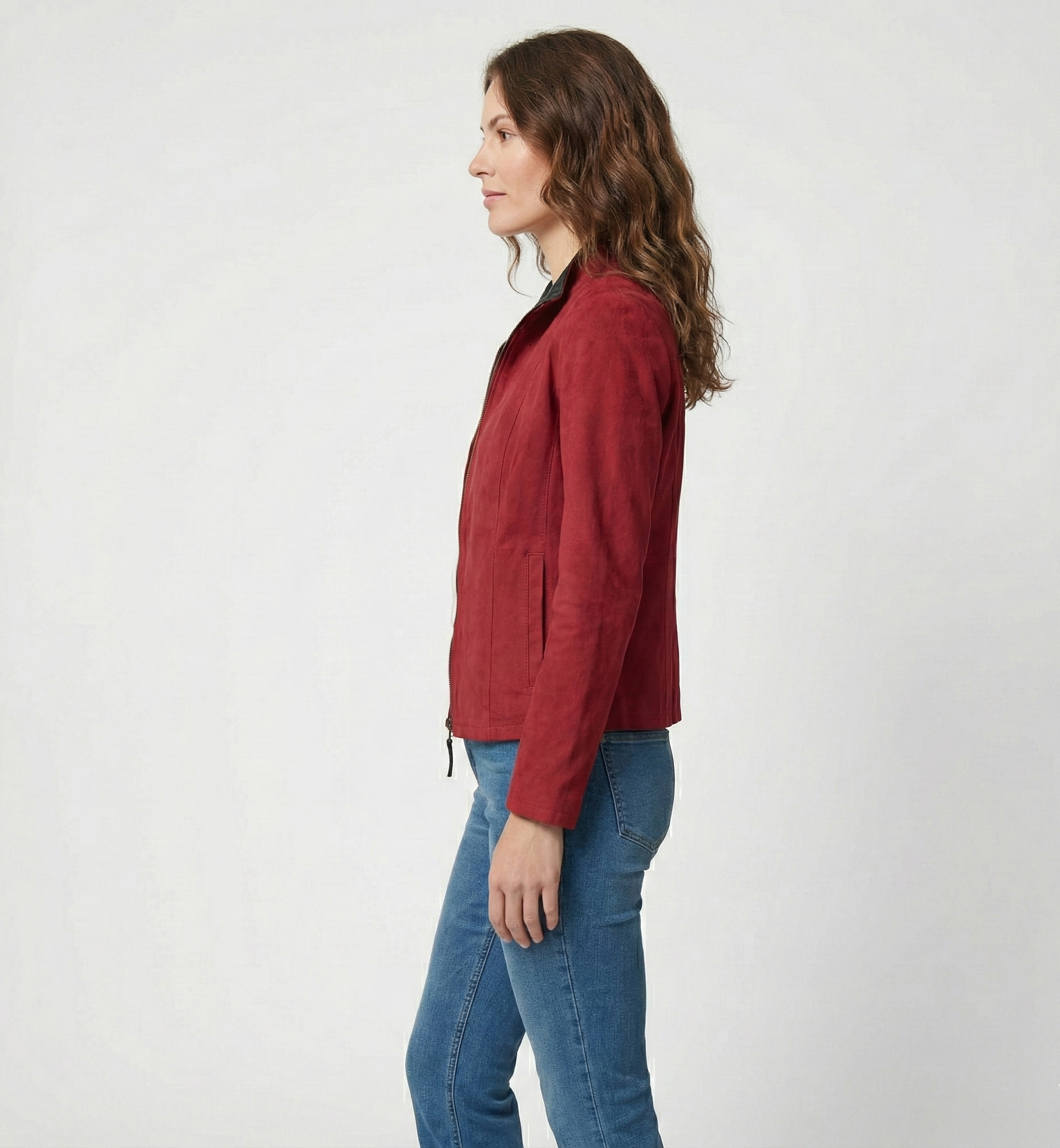 Women’s Red Suede Leather Jacket with Zip Front