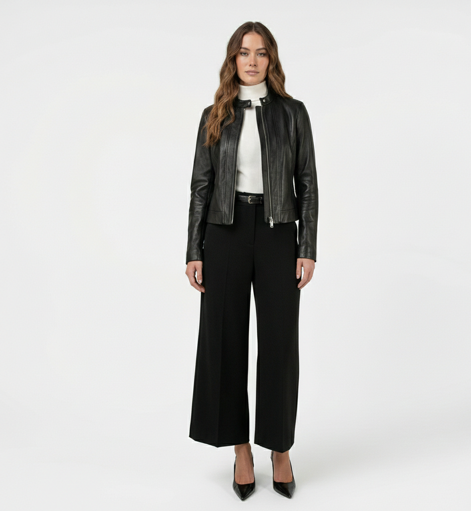 Women’s Classic Black Leather Jacket – Tailored Fit Zip-Up Outerwear