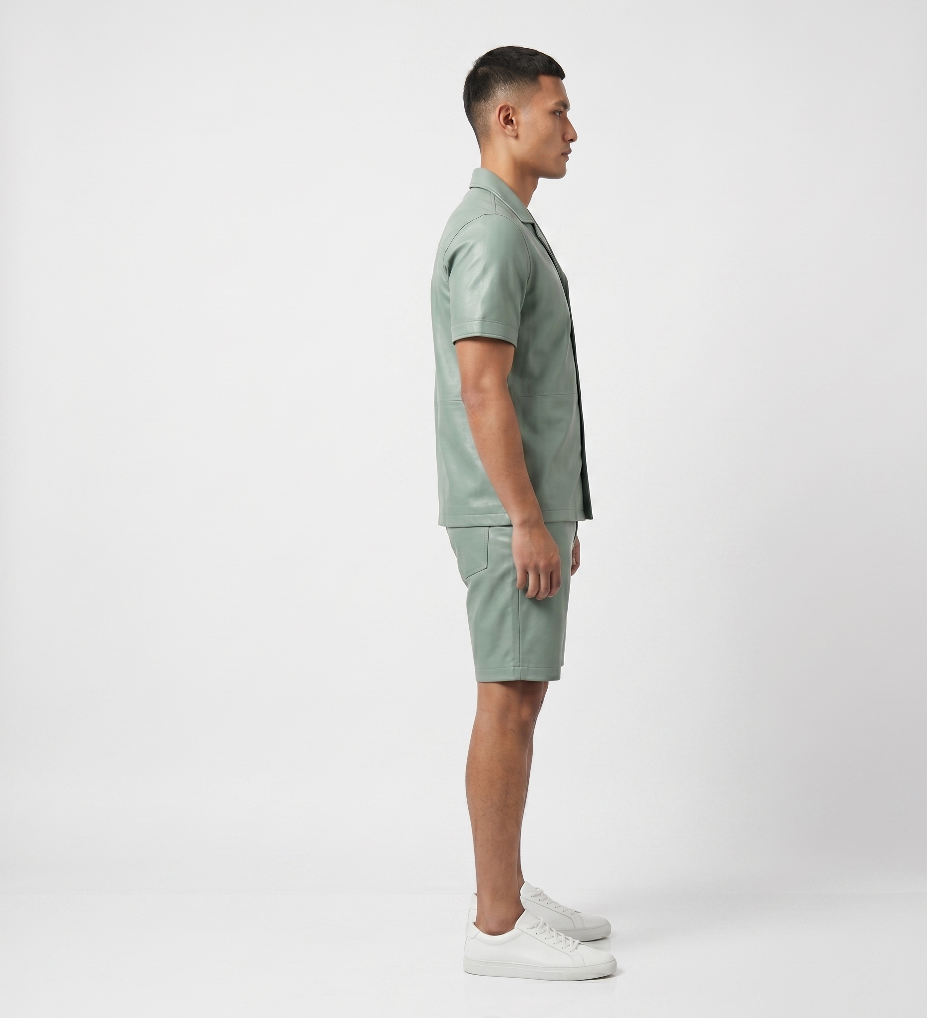 Men’s Green Real Leather Shirt and Shorts Set – Luxury Streetwear