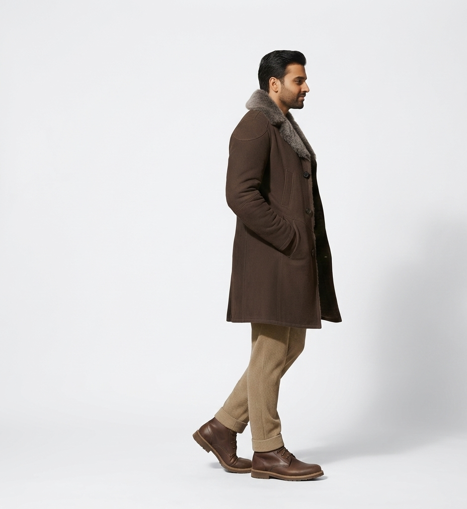 Men’s Shearling-Lined Overcoat – Brown Winter Wool-Blend Coat