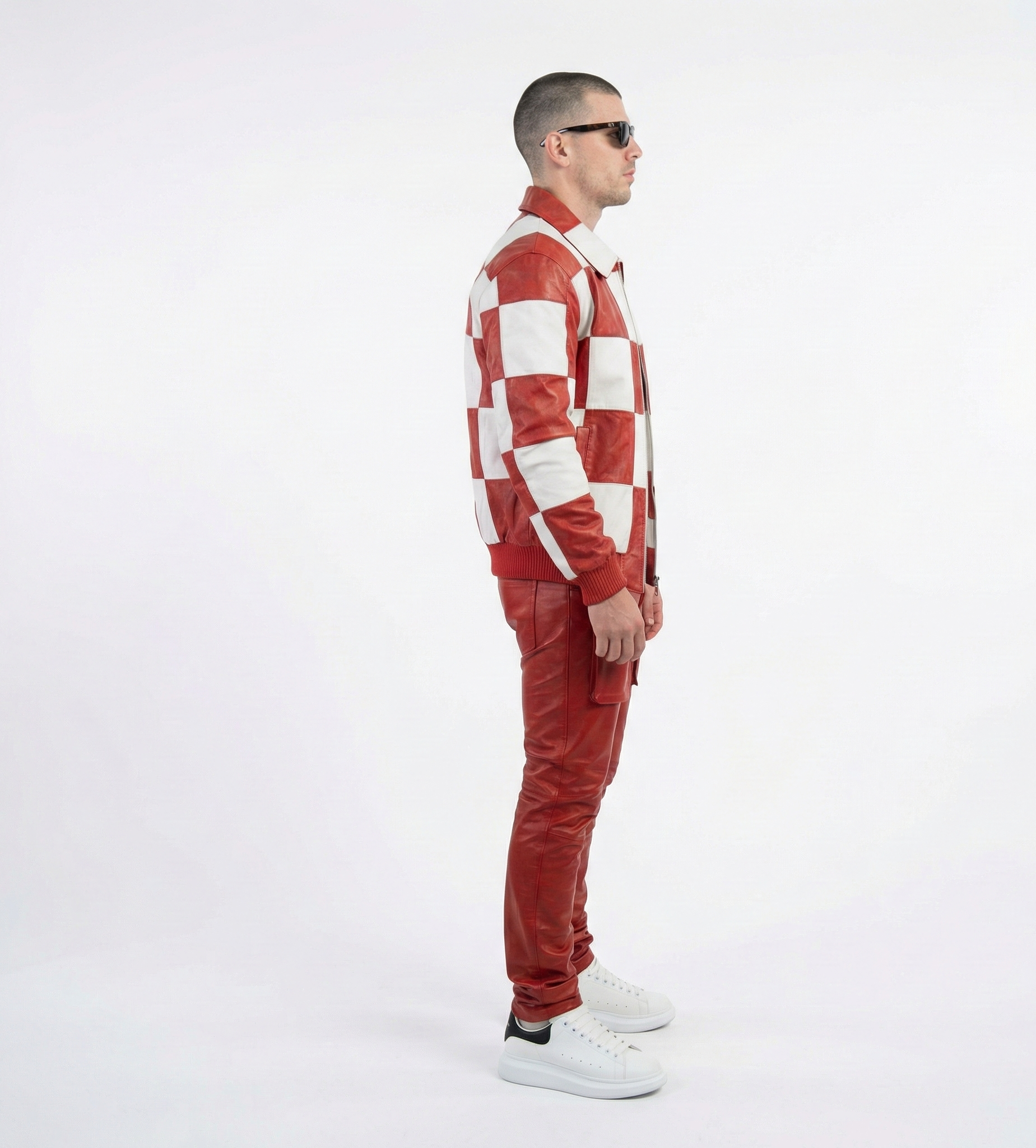 Men’s Red & White Leather Checkered Jacket