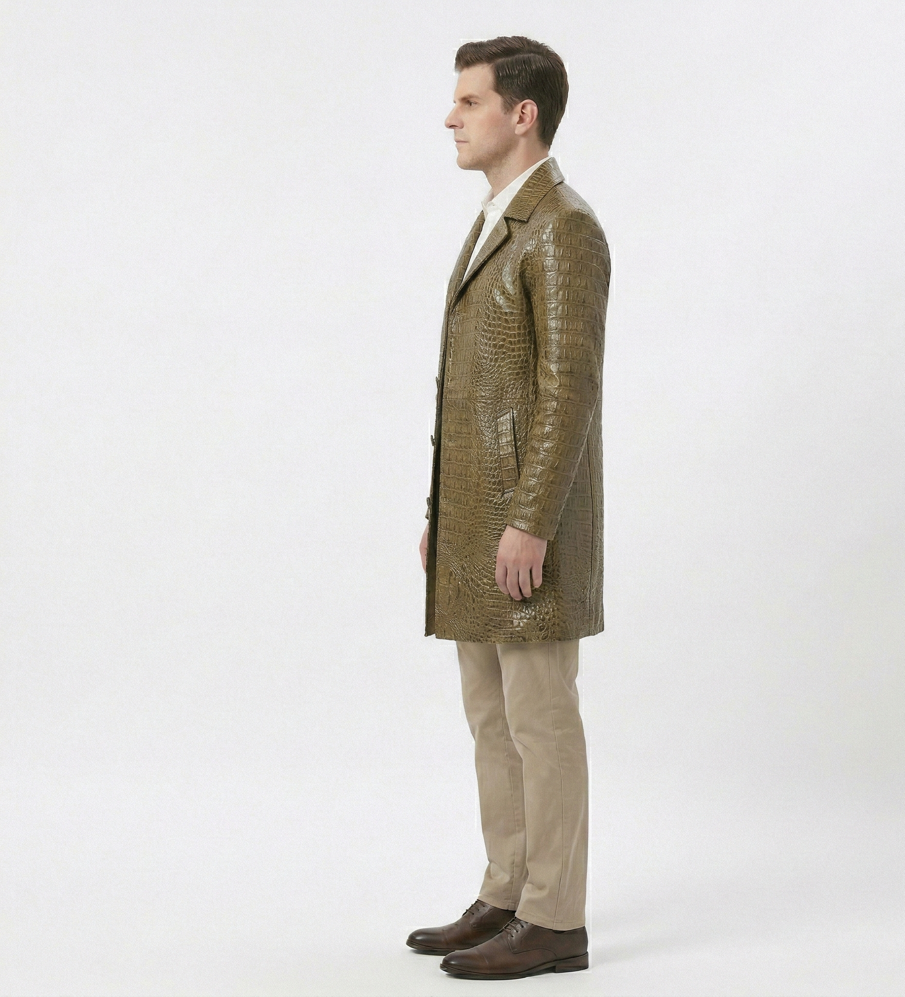 Men's Crocodile Embossed Leather Coat – Luxury Brown Long Overcoat