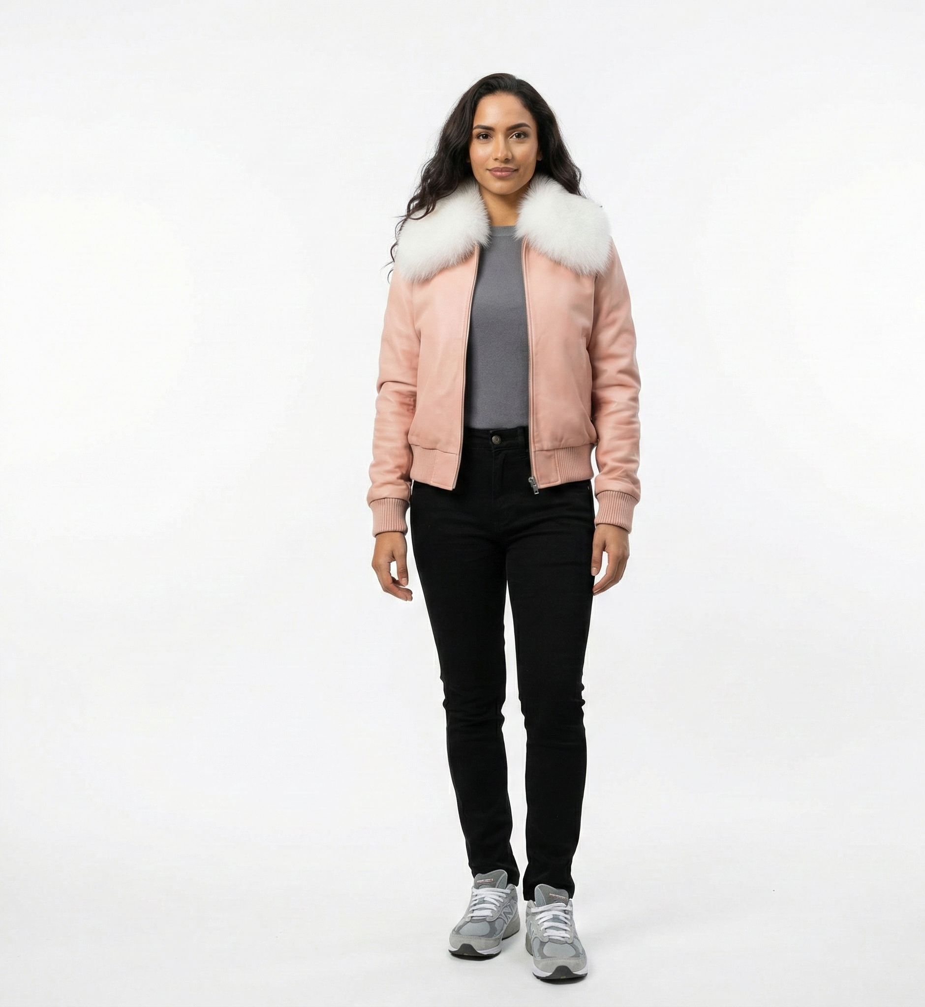 Women’s Pink Leather Jacket with Soft White Fur Collar