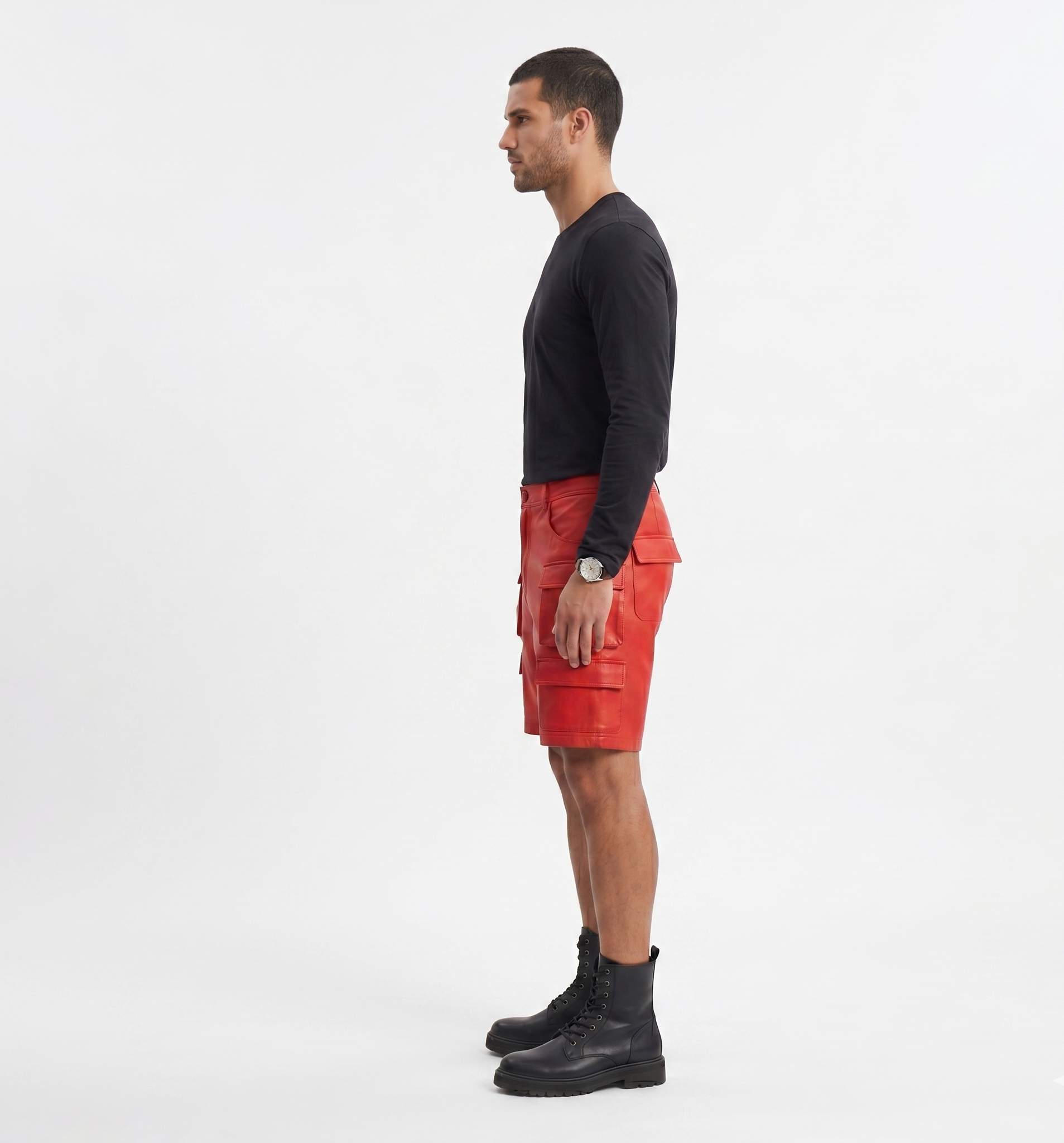 Men’s Red Leather Cargo Shorts – Urban Streetwear Fashion