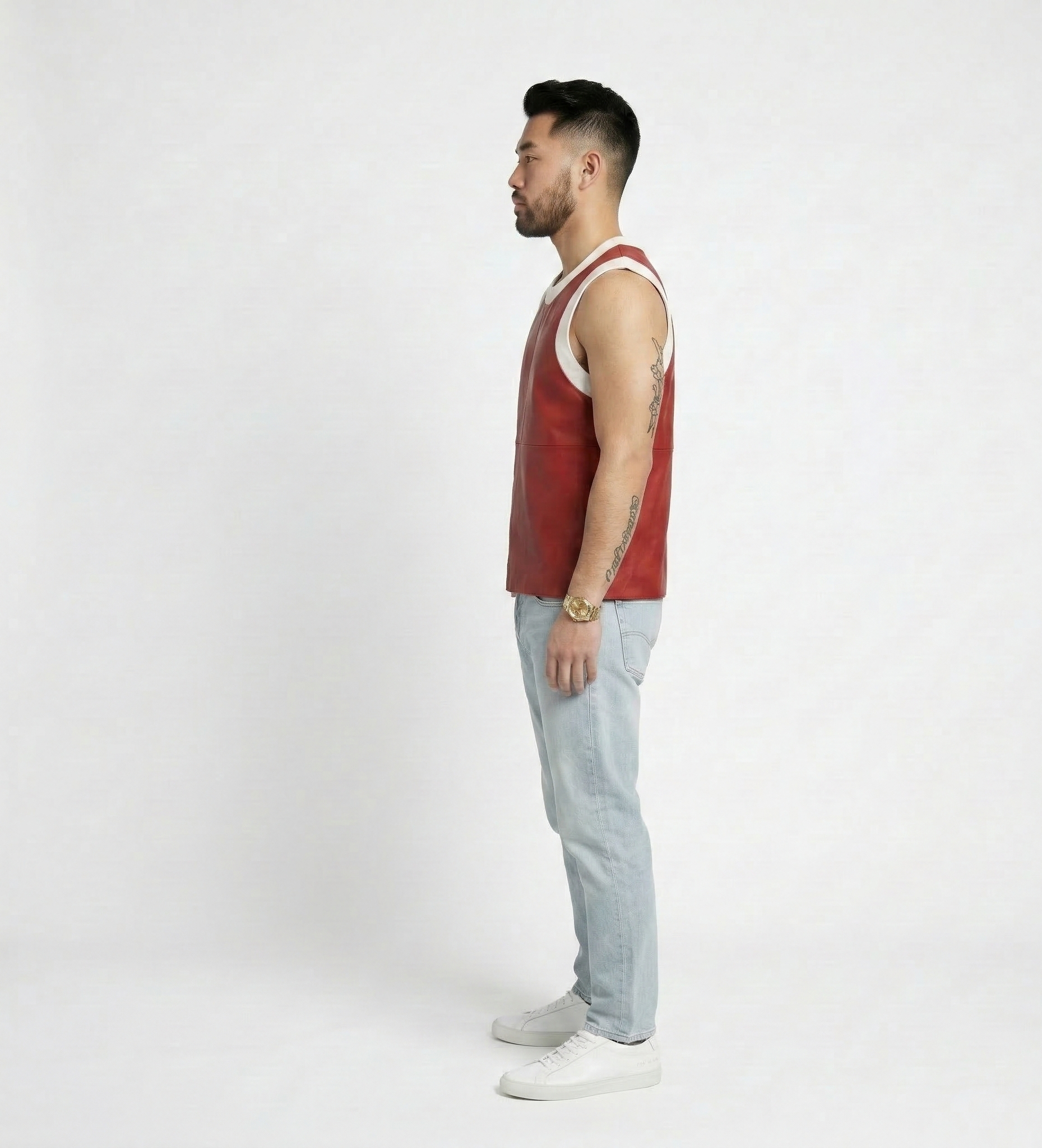 Premium Red Leather Men’s Vest with White Trim