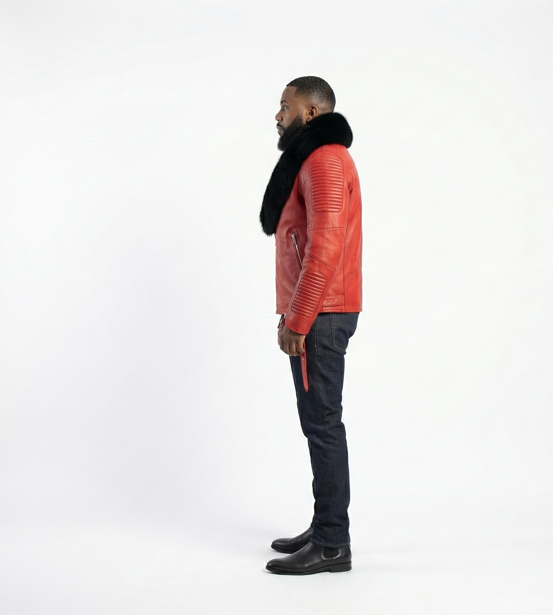 Men’s Red Leather Jacket with Plush Fur Collar – High-End Winter Biker Style