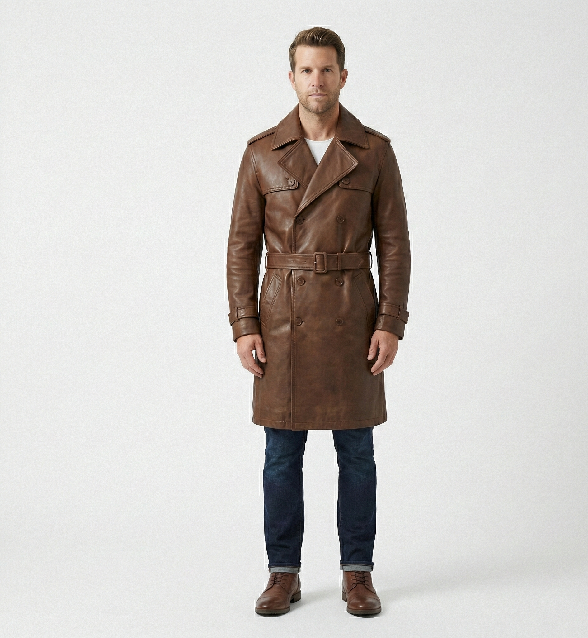 Men’s Brown Leather Belted Trench Coat – Classic Outerwear