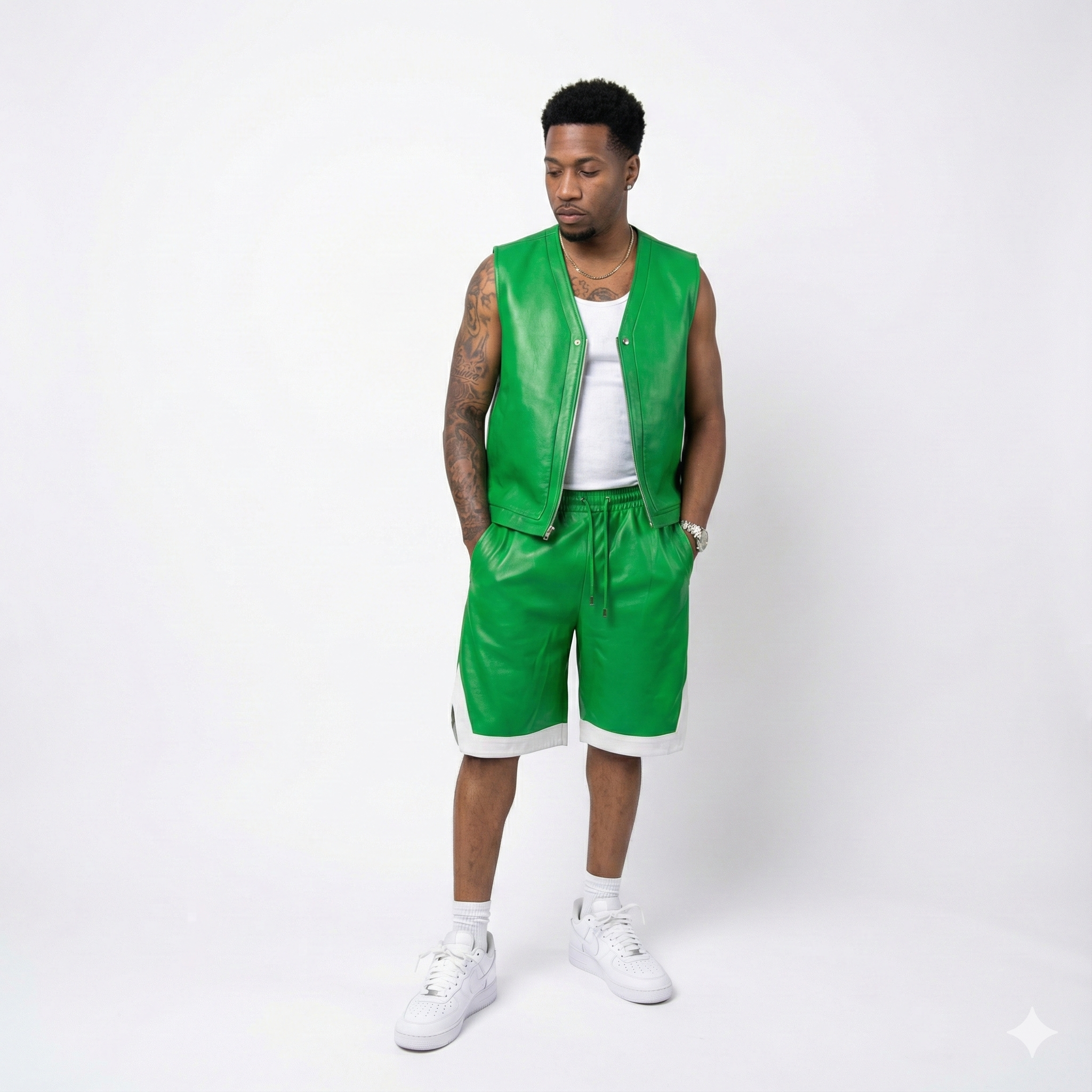 Men’s Green Leather Shorts – Modern Street Fit