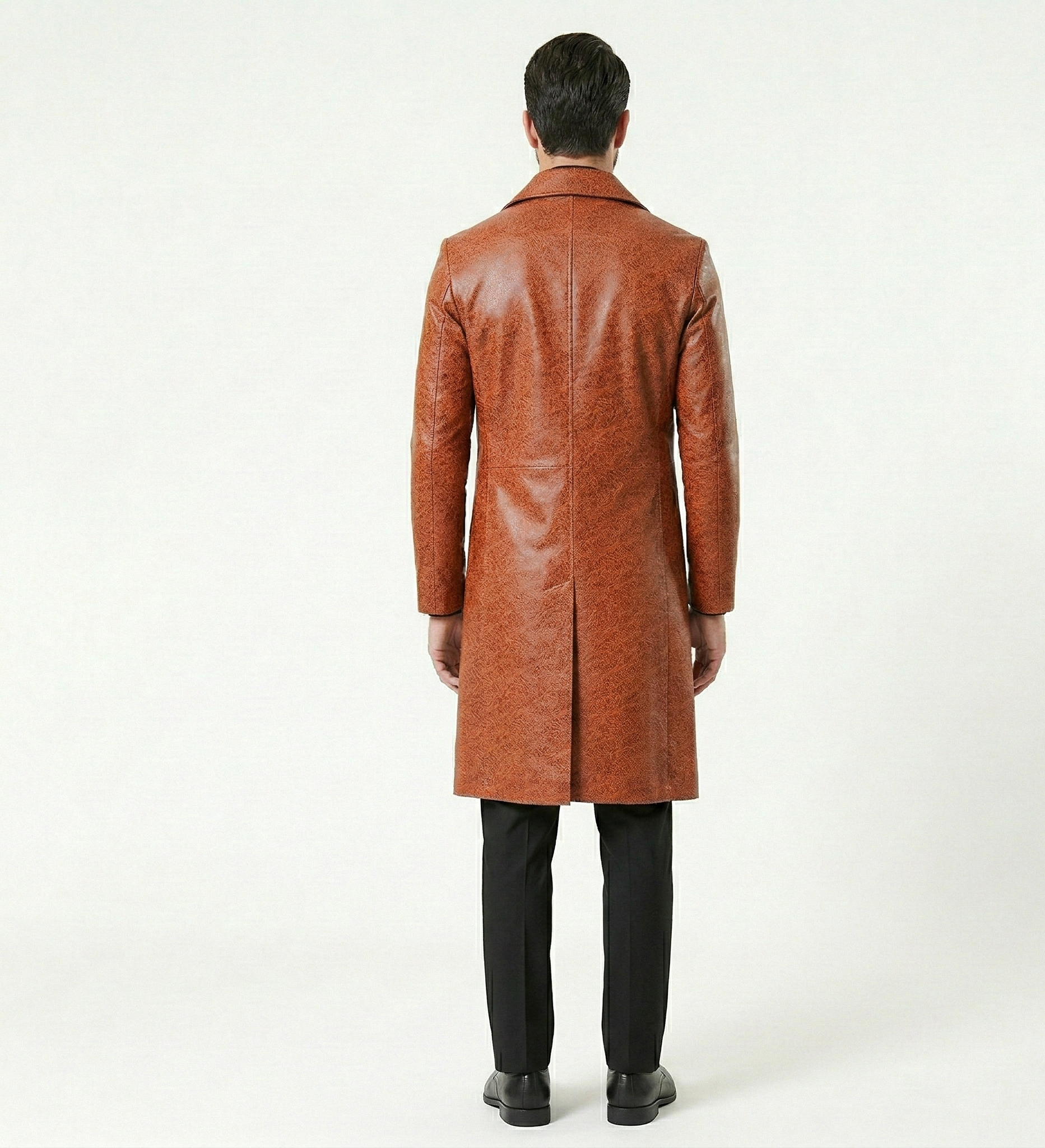 Men’s Brown Leather Trench Coat – Luxury Printed Long Overcoat