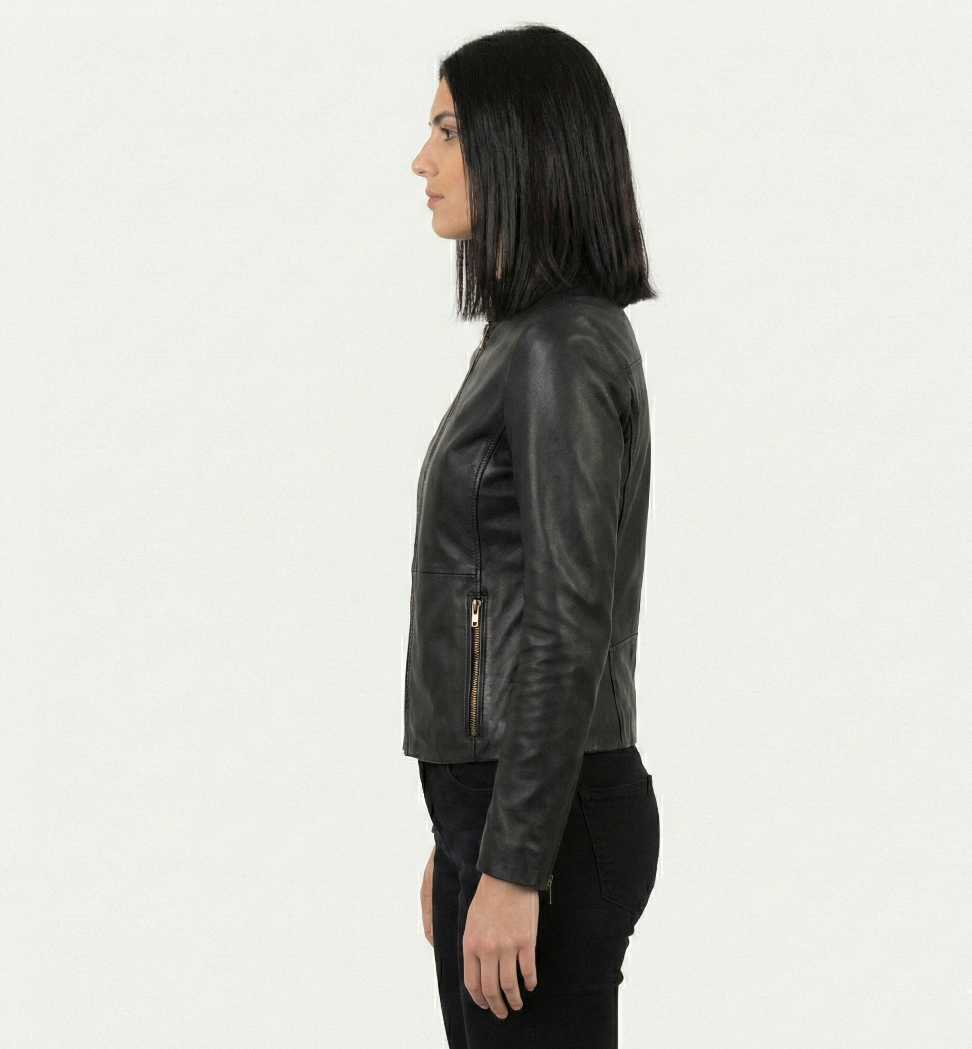 Classic Women’s Black Leather Jacket with Stand Collar