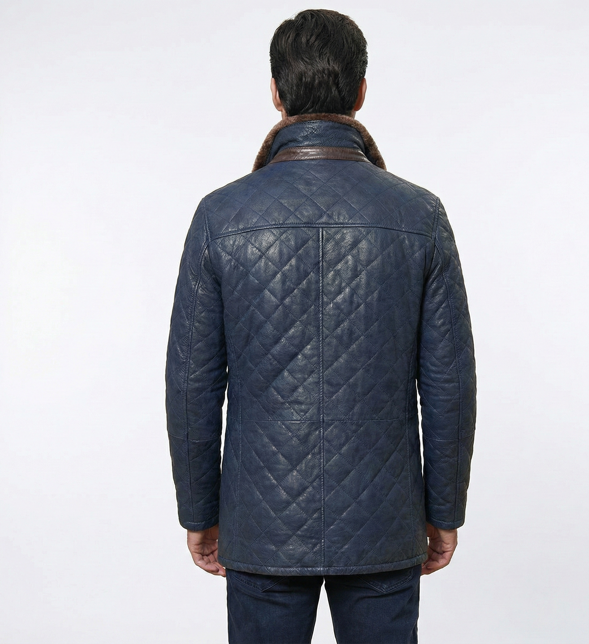 Men’s Quilted Shearling Collar Jacket – Navy Mid-Length Winter Coat