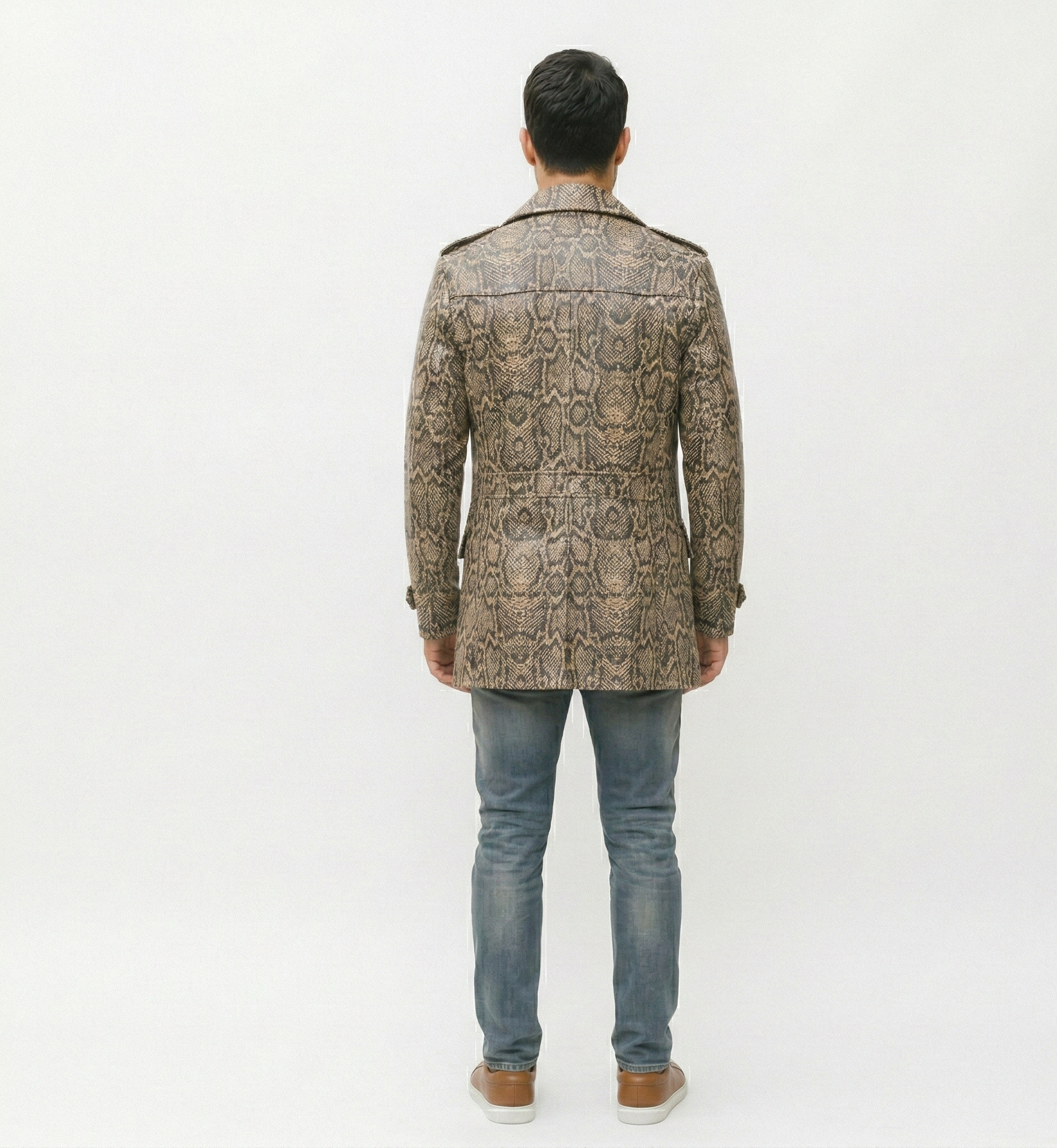 Men’s Python Print Leather Coat – Luxury Snake Skin Pattern Trench Jacket