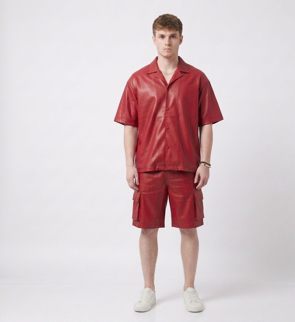 Men’s Red Shirt and Cargo Shorts Set – Luxury Streetwear Outfit