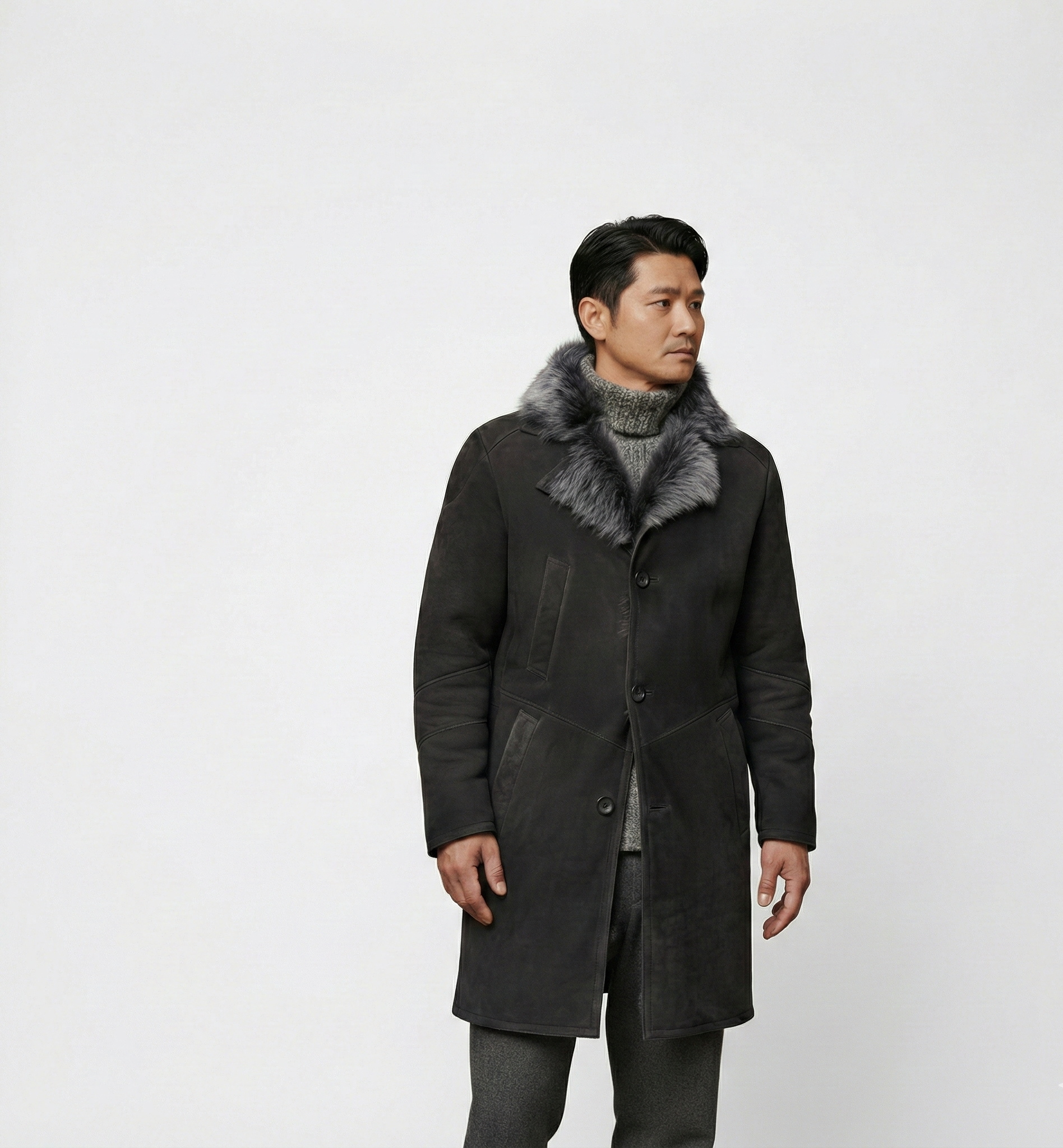 Men’s Shearling Collar Wool Coat – Black Mid-Length Winter Overcoat