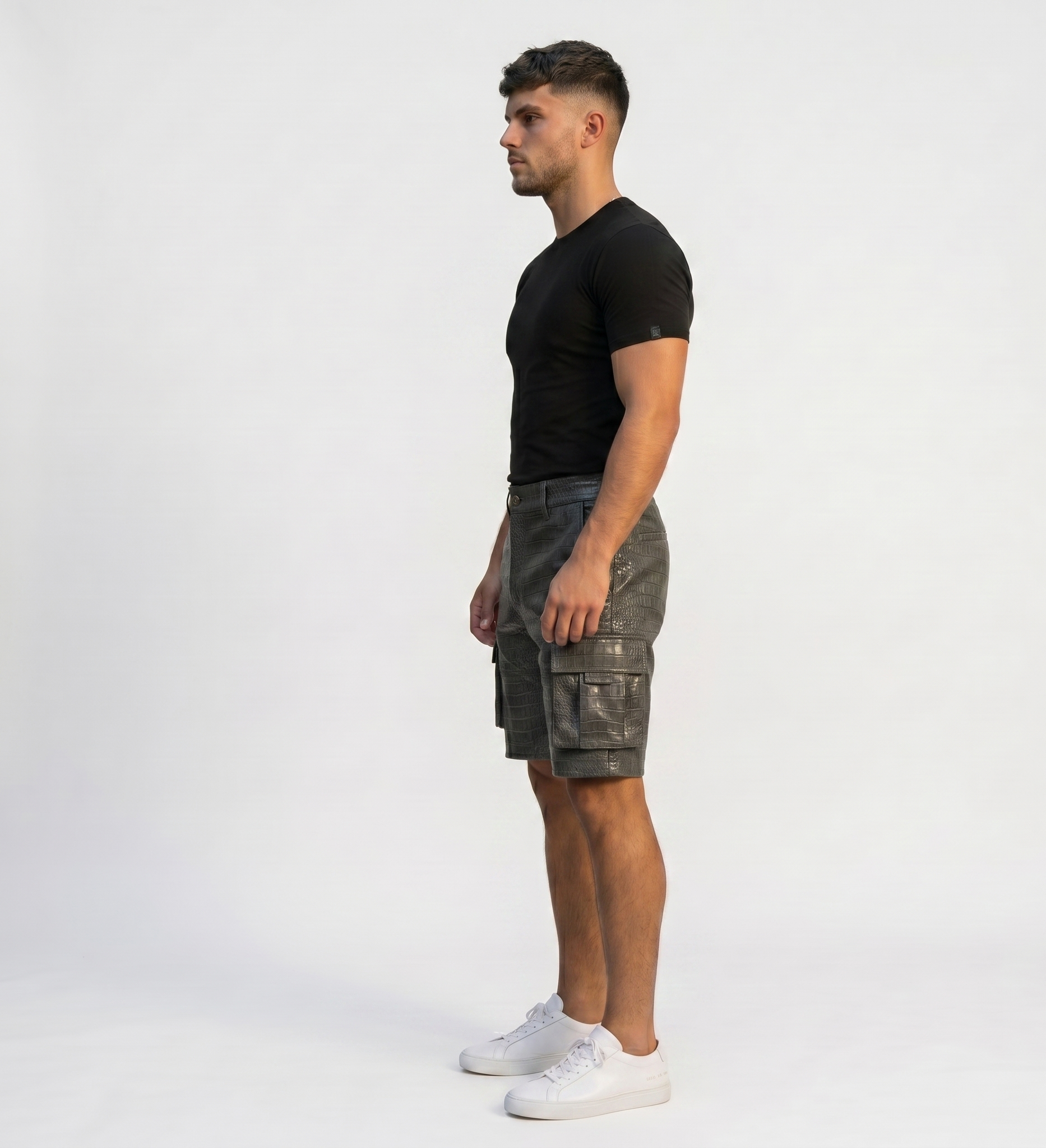 Men’s Gray Crocodile Embossed Cargo Shorts – Designer Streetwear