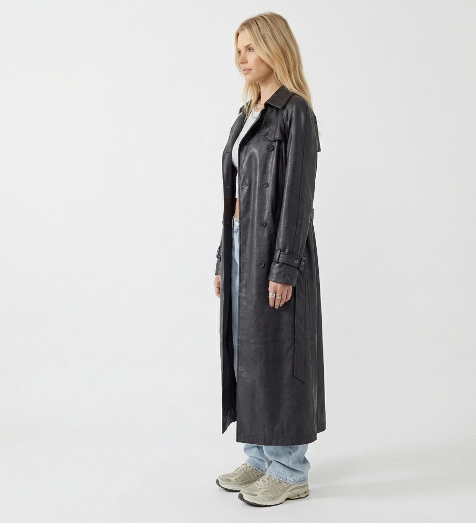 Women’s Classic Black Leather Trench Coat – Longline Modern Fit