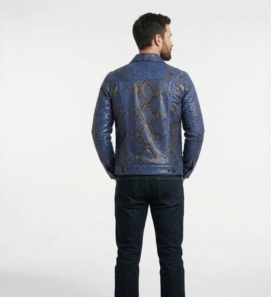 Men’s Blue Snakeskin Print Leather Jacket – Luxury Designer Jacket